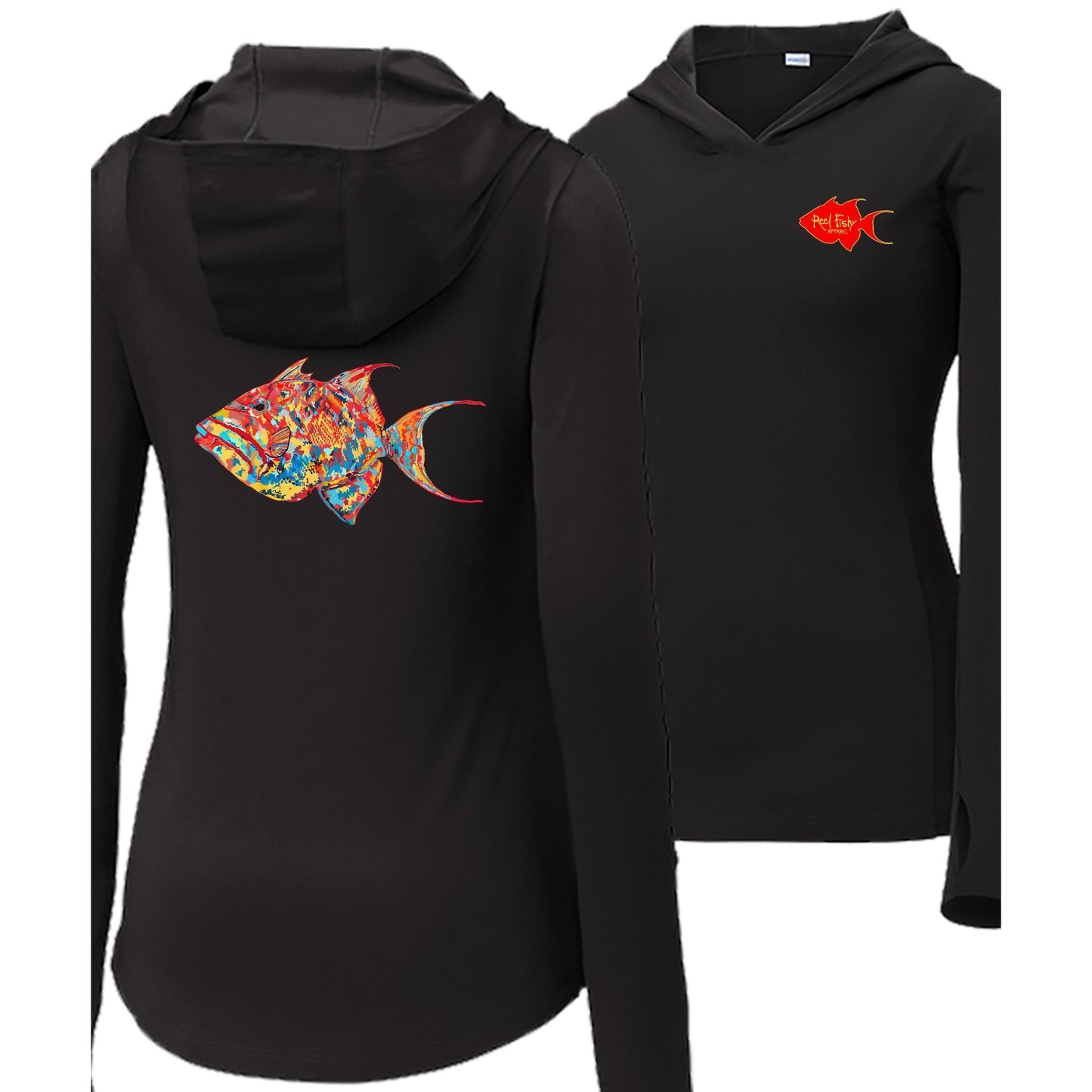 Women’s black long sleeve performance hoodie, thumb holes, colorful triggerfish design, and Reel Fishy Triggerfish logo on front.