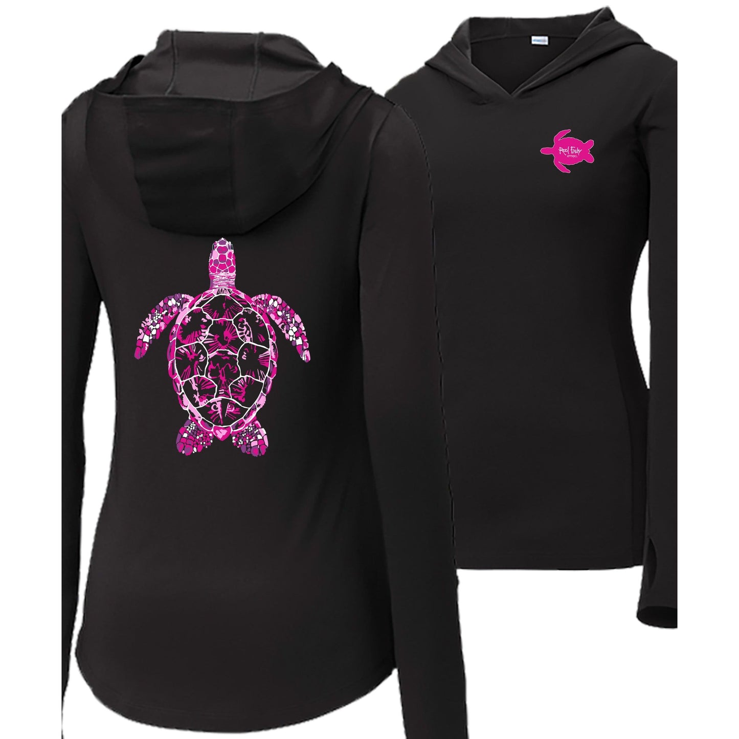 Women's black long sleeve performance hoodie with pink turtle design, thumb holes, and Reel Fishy Turtle logo on the front