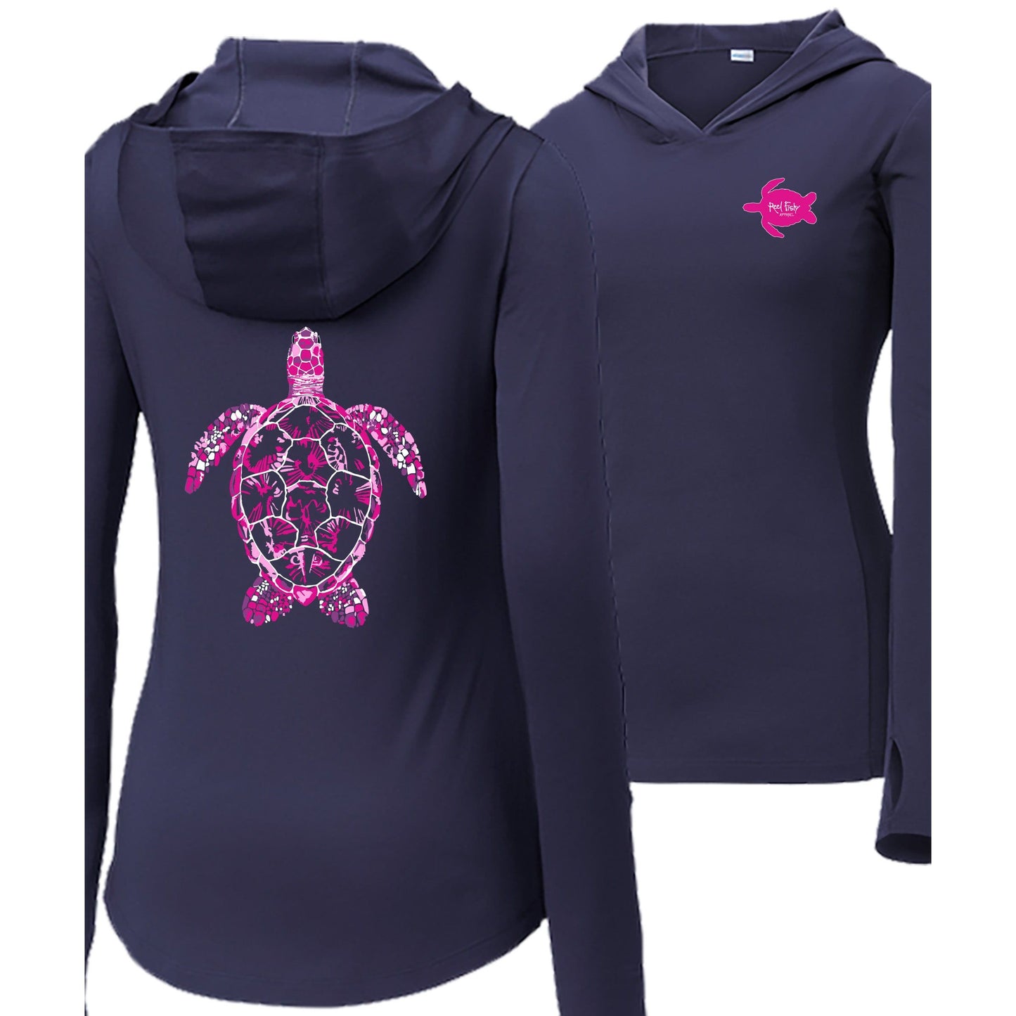 Women's navy long sleeve performance hoodie with pink turtle design, thumb holes, and Reel Fishy Turtle logo on the front
