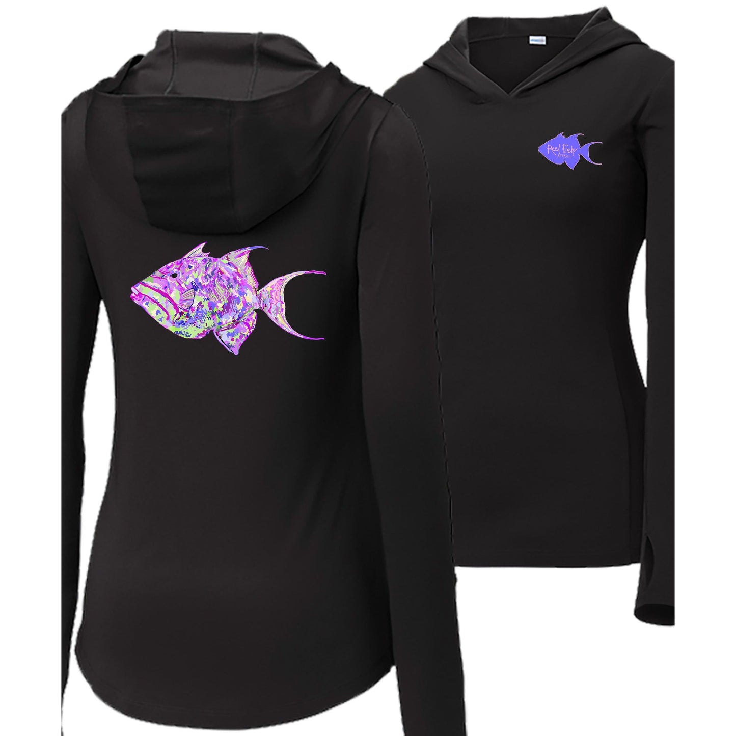 Women’s black long sleeve performance hoodie, thumb holes, colorful triggerfish design, and Reel Fishy Triggerfish logo on front.