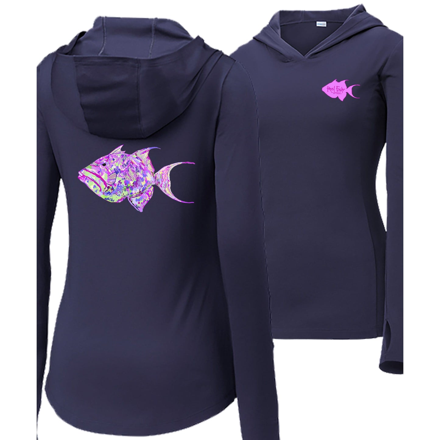 Women’s navy long sleeve performance hoodie, thumb holes, colorful triggerfish design, and Reel Fishy Triggerfish logo on front.