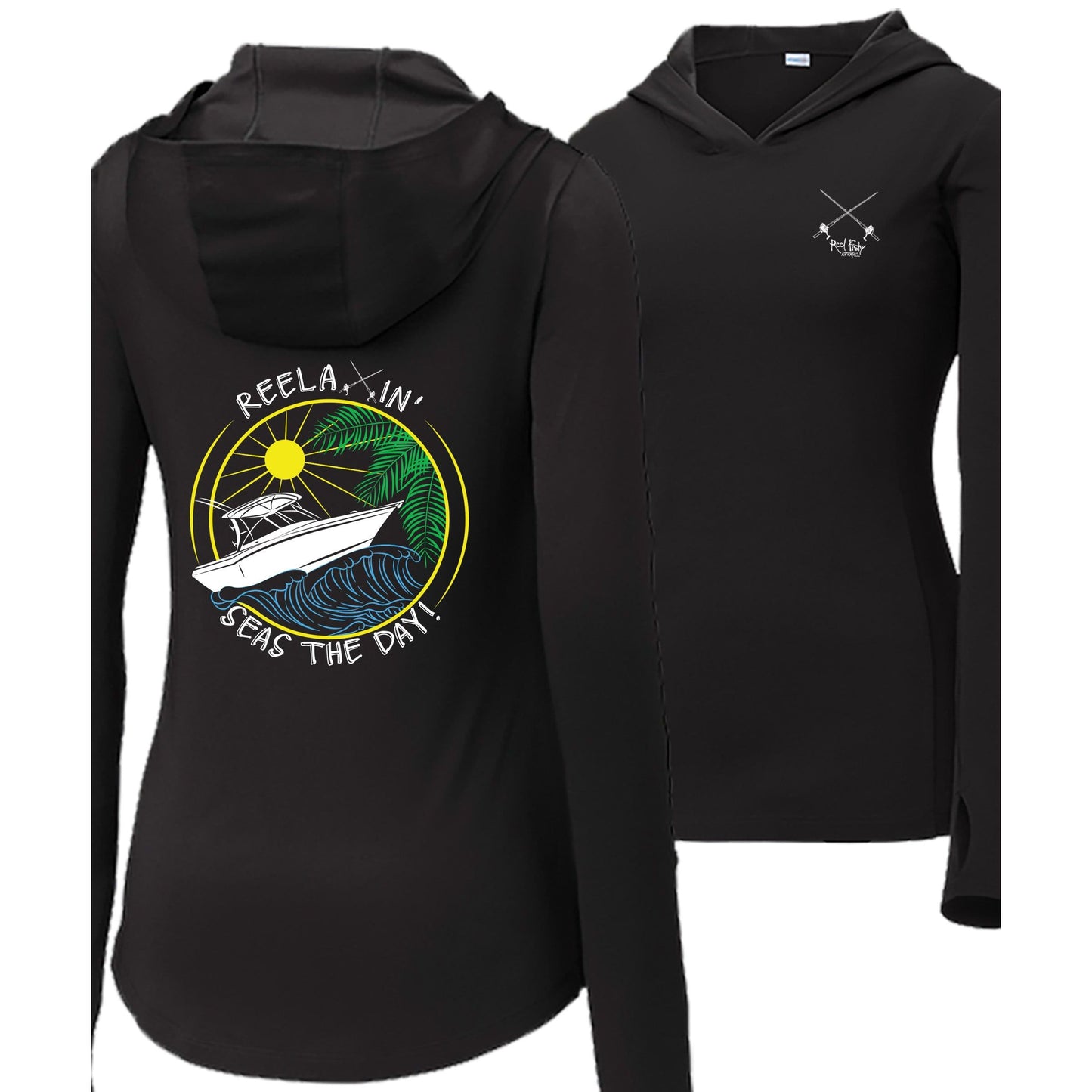 Women's black long sleeve fishing hoodie with thumb holes, fishing boat and Seas the Day graphic on back, Reel Fishy salt fishing rods logo on front.