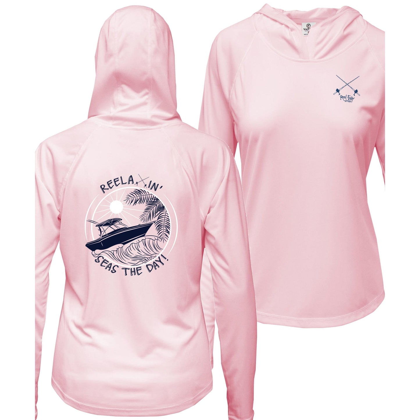 Ladies pink long sleeve performance hoodie, thumb holes, fishing boat and Seas the Day graphic, Reel Fishy salt fishing rods logo on front.