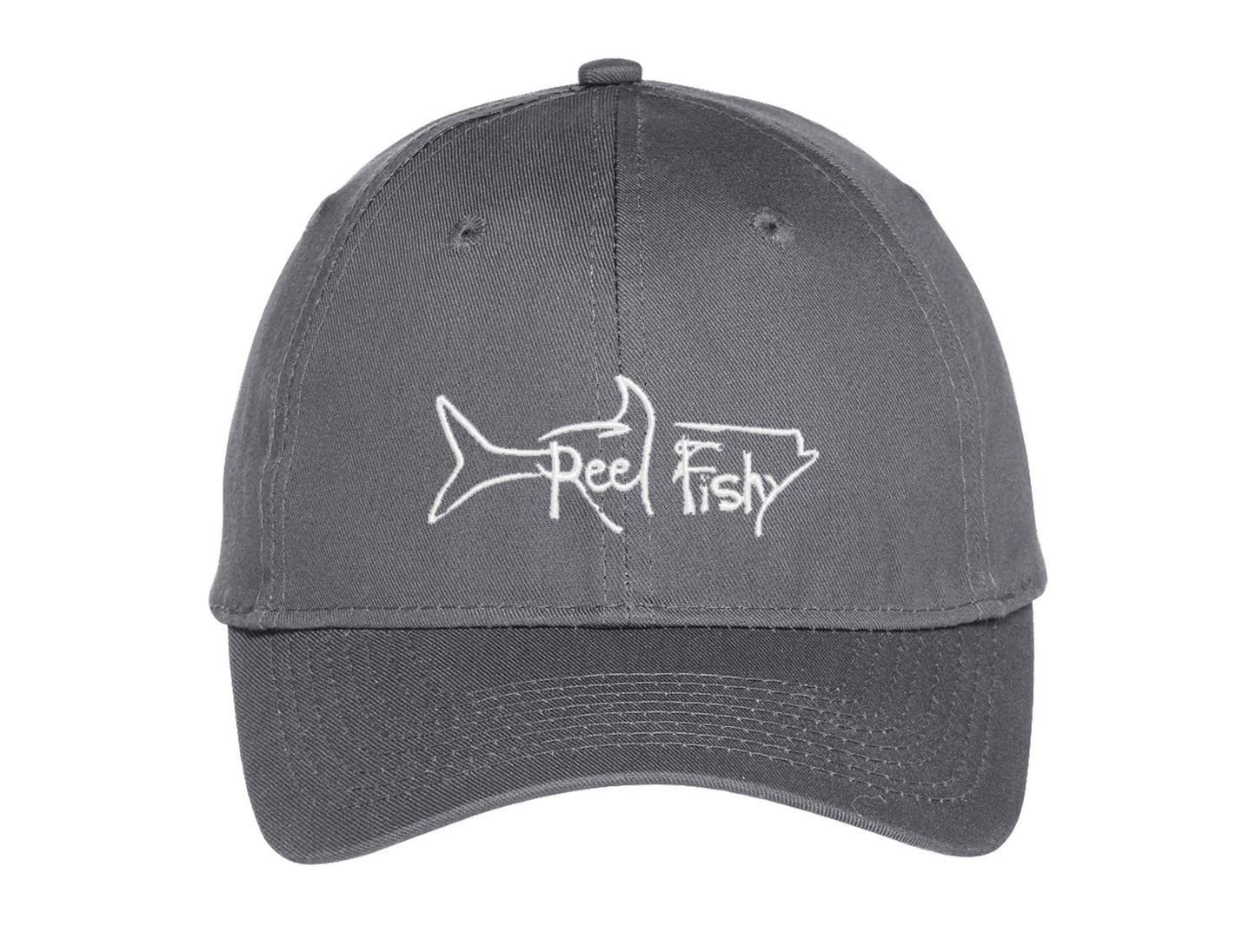 Kids fishing hat in charcoal gray with Reel Fishy Tarpon logo