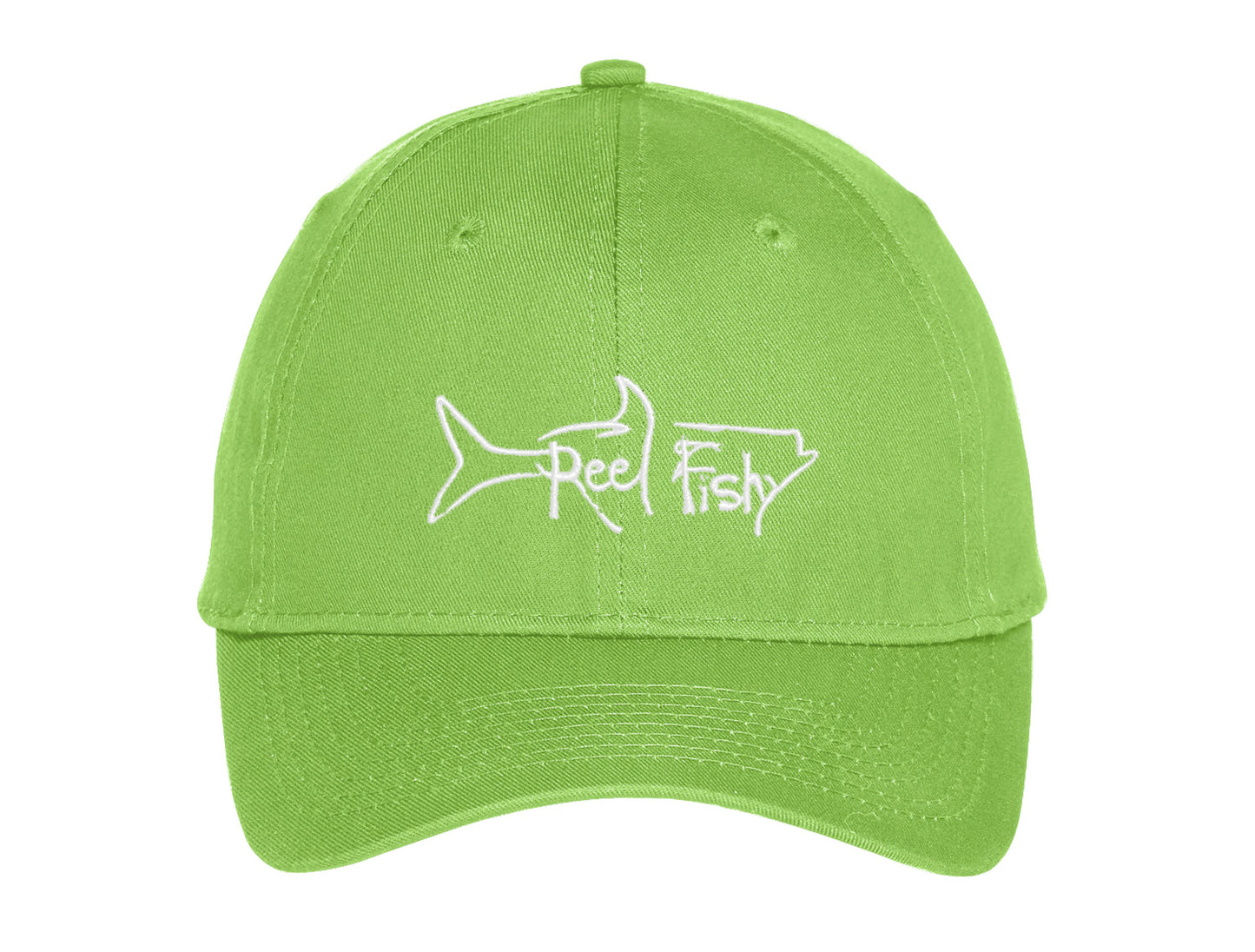 Kids fishing hat in neon green with Reel Fishy Tarpon logo