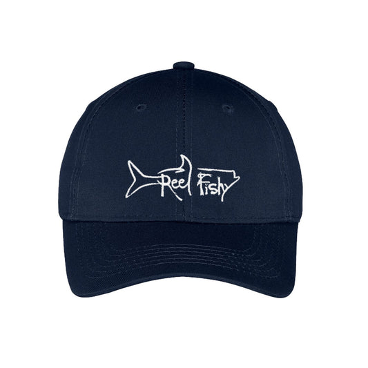 Kids fishing hat in navy with Reel Fishy Tarpon logo