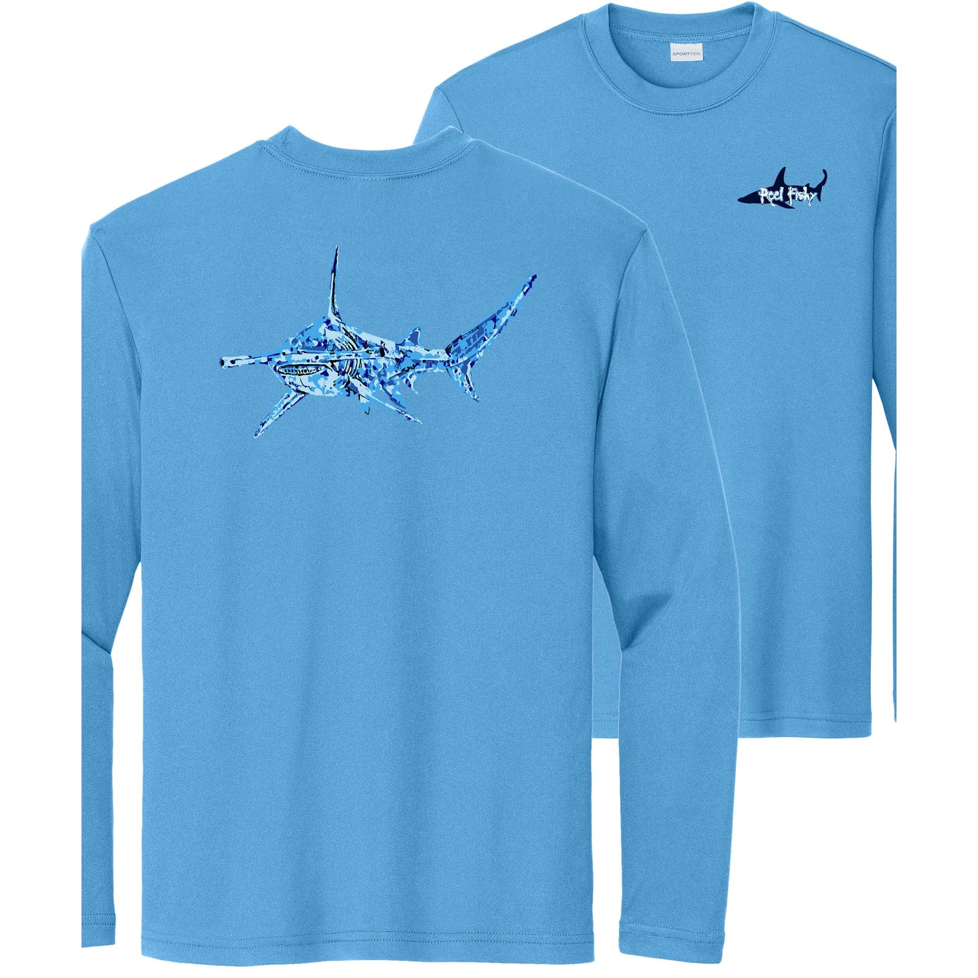 Kids' light blue long sleeve performance shirt with Hammerhead Shark design