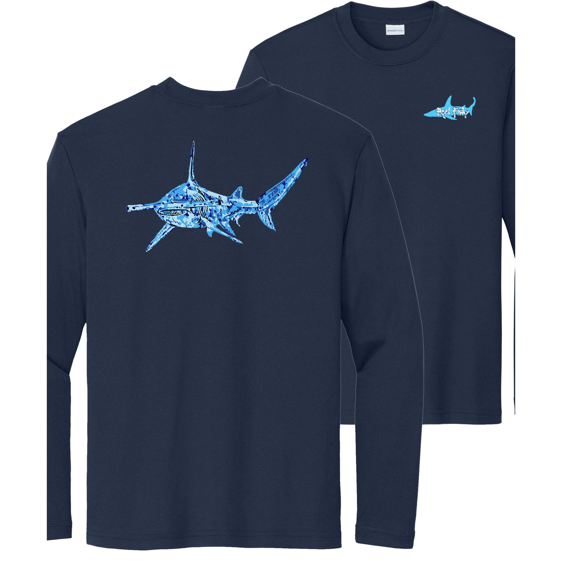 Kids' navy long sleeve performance shirt with Hammerhead Shark design