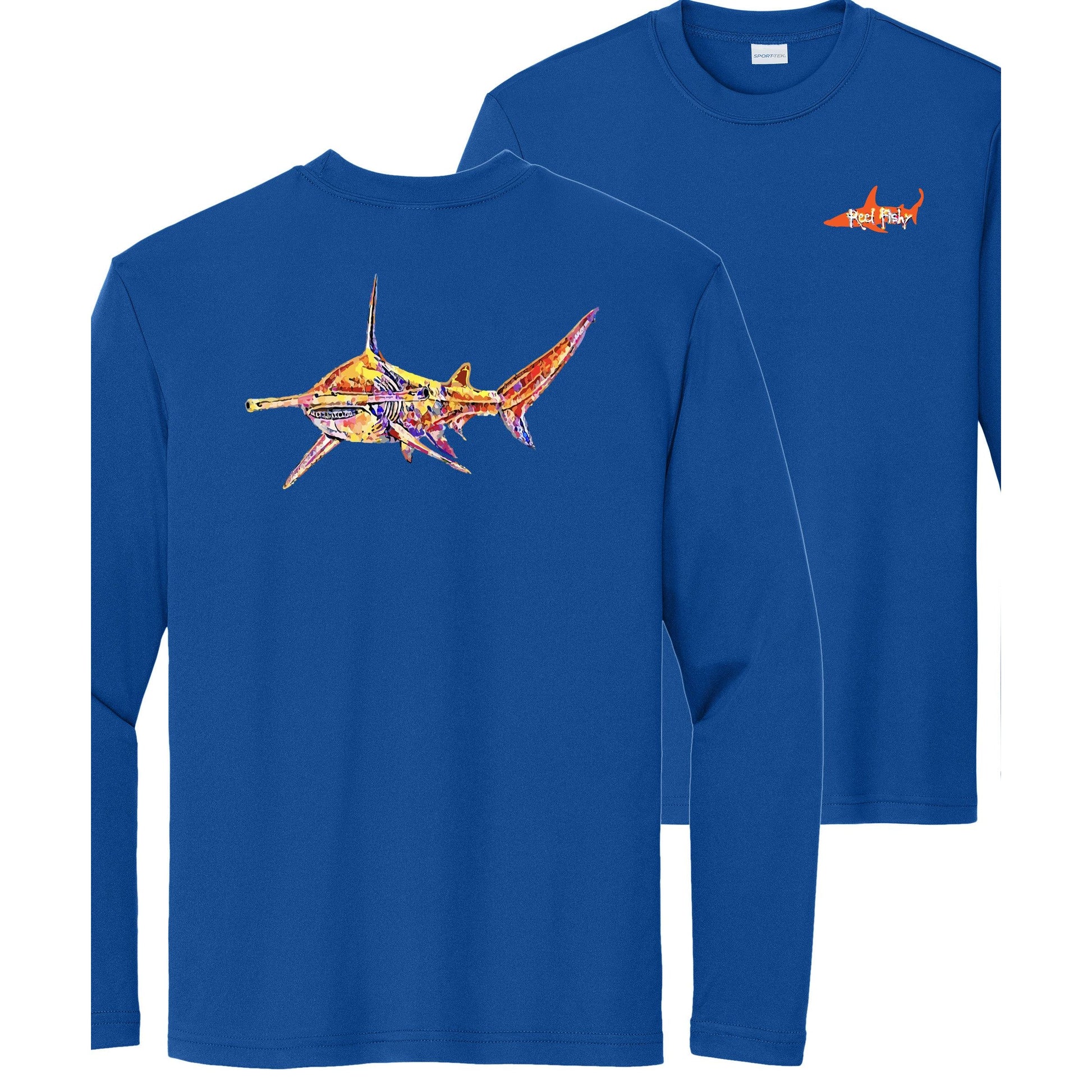 Kids' royal blue long sleeve performance shirt with Hammerhead Shark design