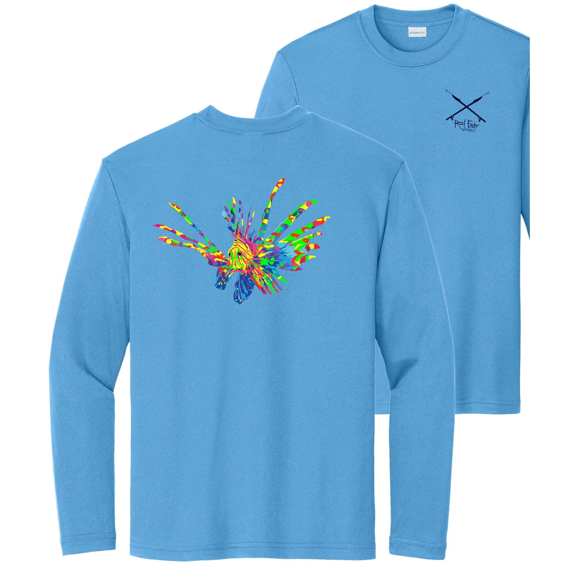 Kids' light blue long sleeve performance shirt with colorful Lionfish design