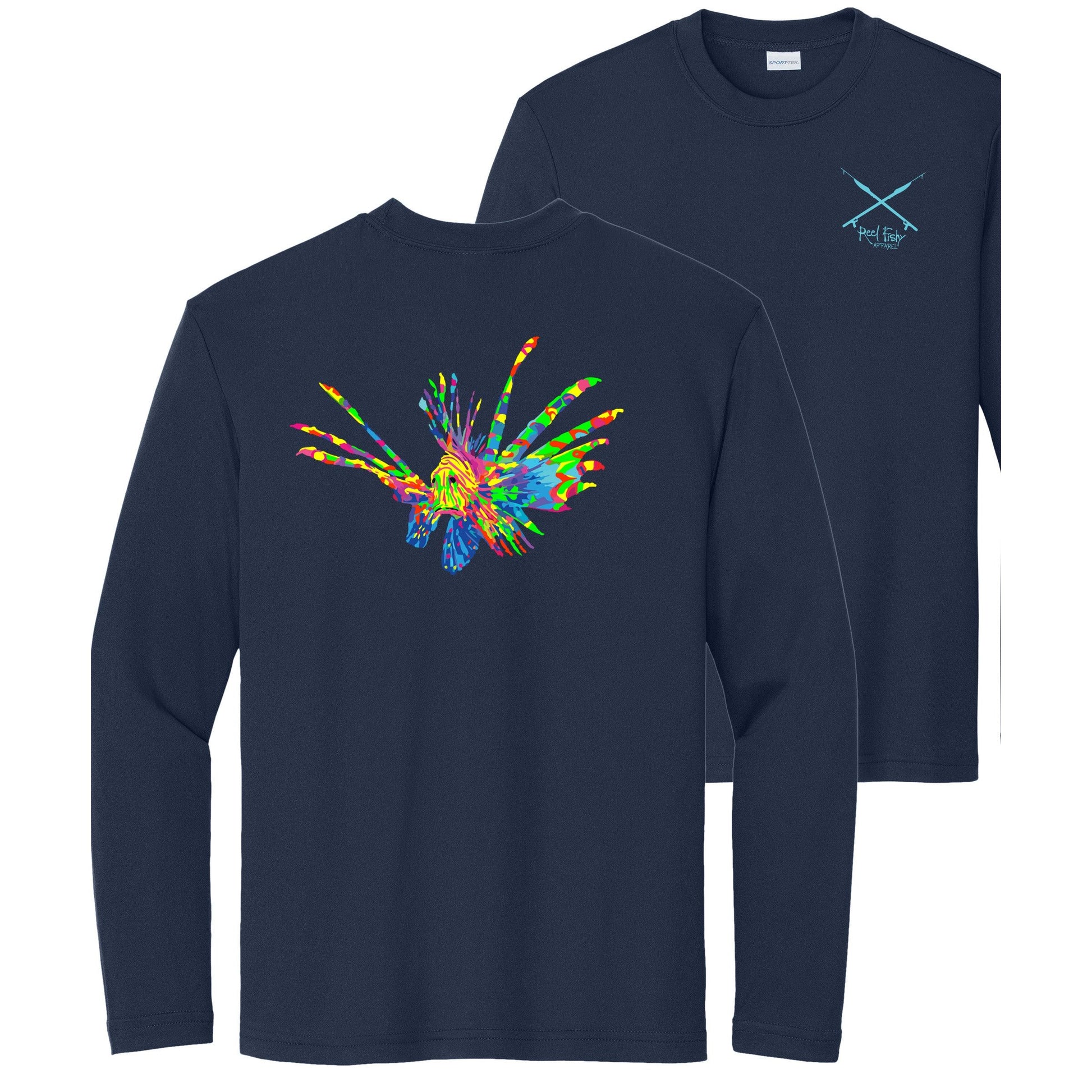 Kids' navy long sleeve performance shirt with colorful Lionfish design