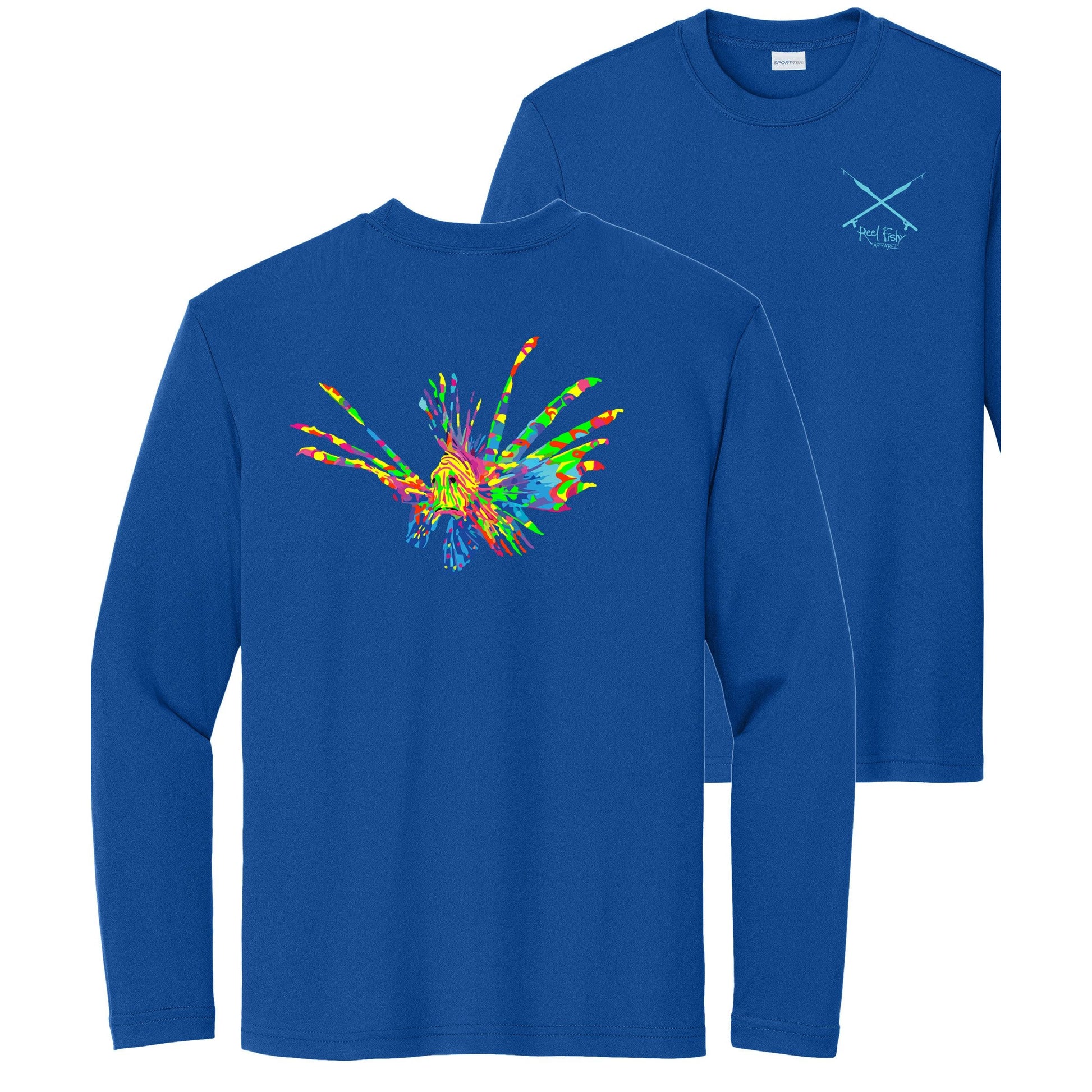Kids' royal blue long sleeve performance shirt with colorful Lionfish design