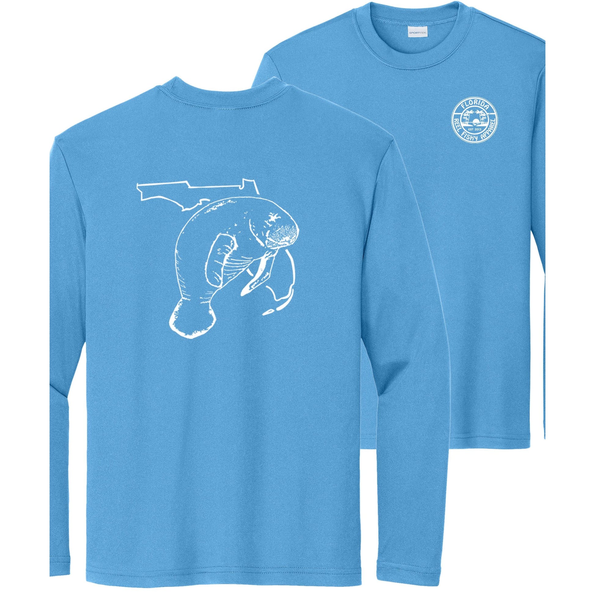 Kids' light blue long sleeve performance shirt with Manatee design