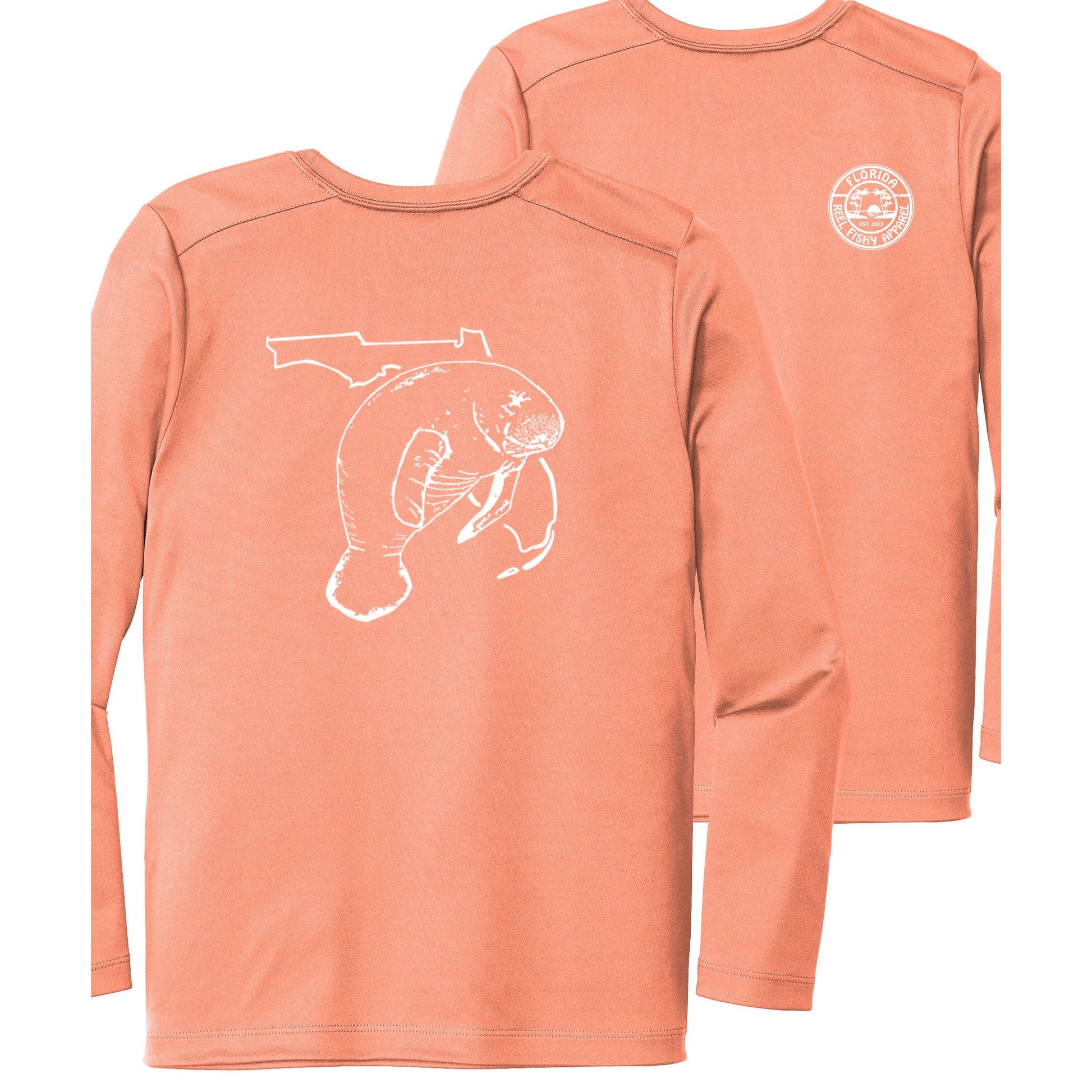 Kids' light coral long sleeve performance shirt with Manatee design