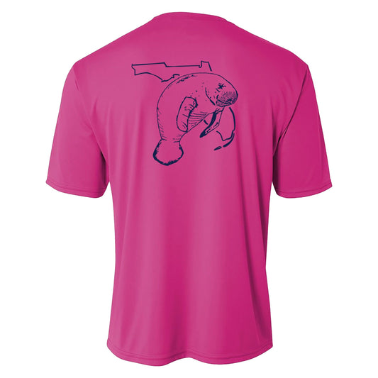 Youth pink performance short sleeve shirt with manatee and State of Florida design on back, Reel Fishy logo on front.