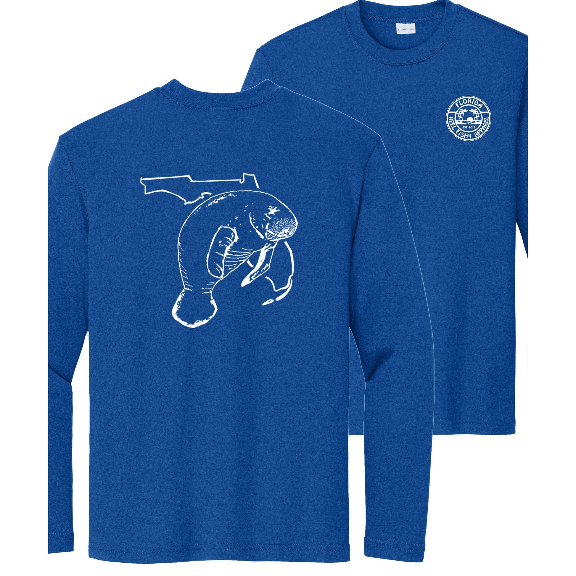 Kids' royal blue long sleeve performance shirt with Manatee design