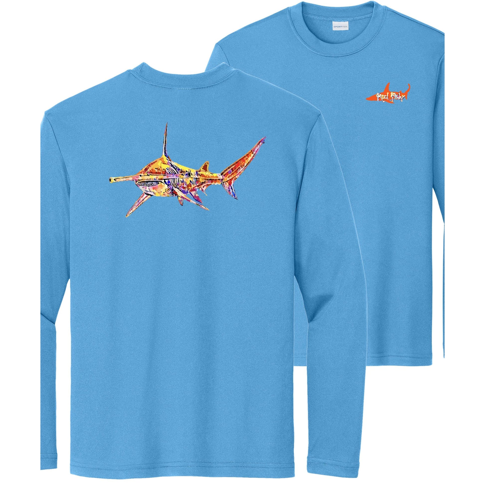 Kids' light blue long sleeve performance shirt with Hammerhead Shark design