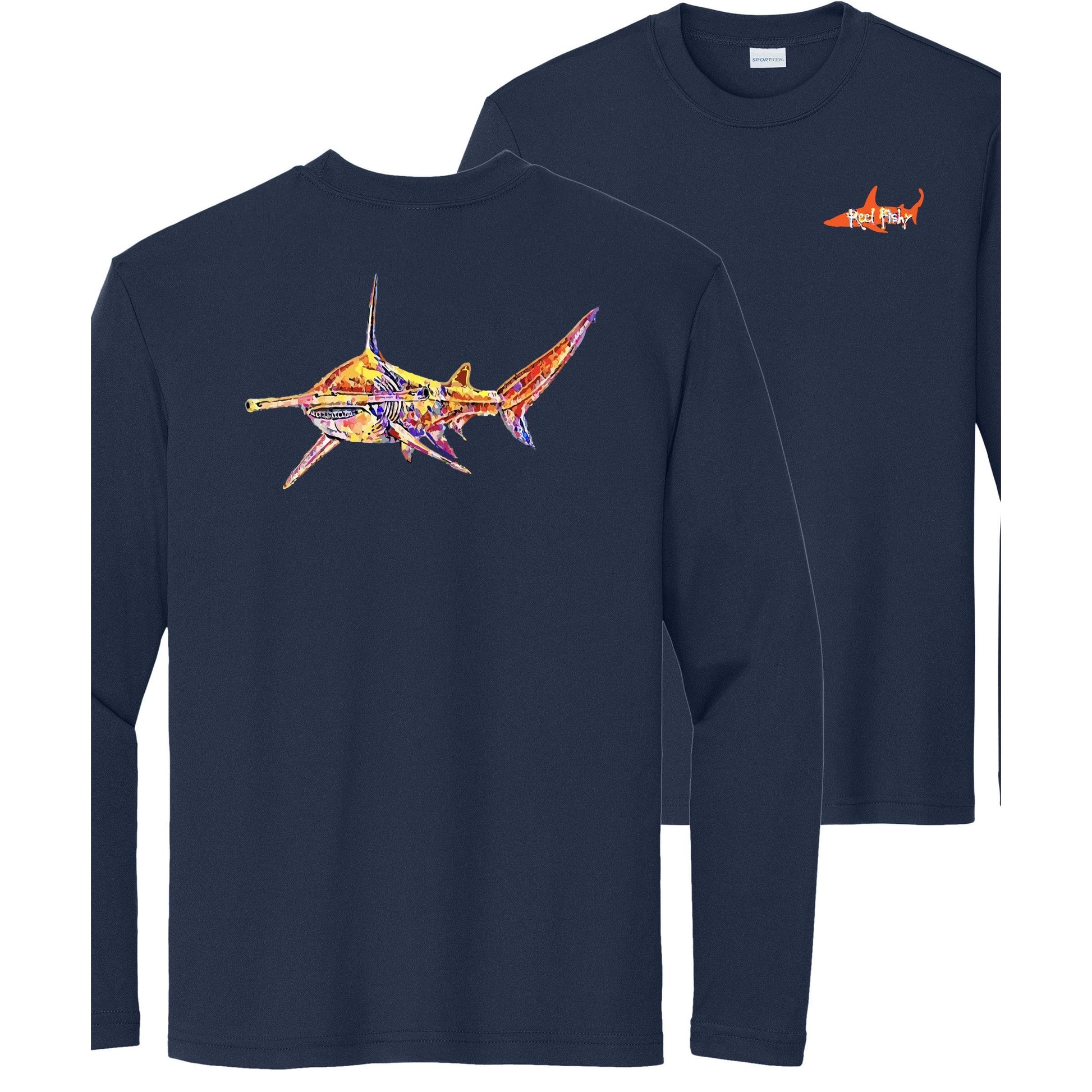 Kids' navy long sleeve performance shirt with Hammerhead Shark design