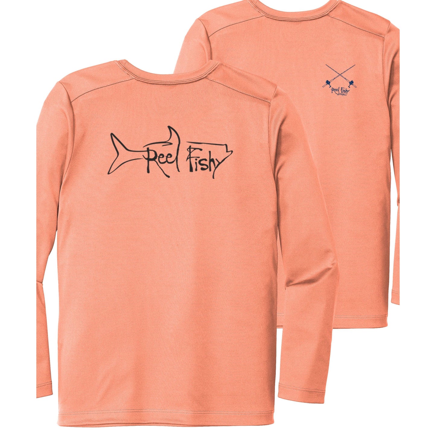 Kids’ long sleeve coral performance shirt featuring Reel Fishy Tarpon design on the back and salt rods on the front.