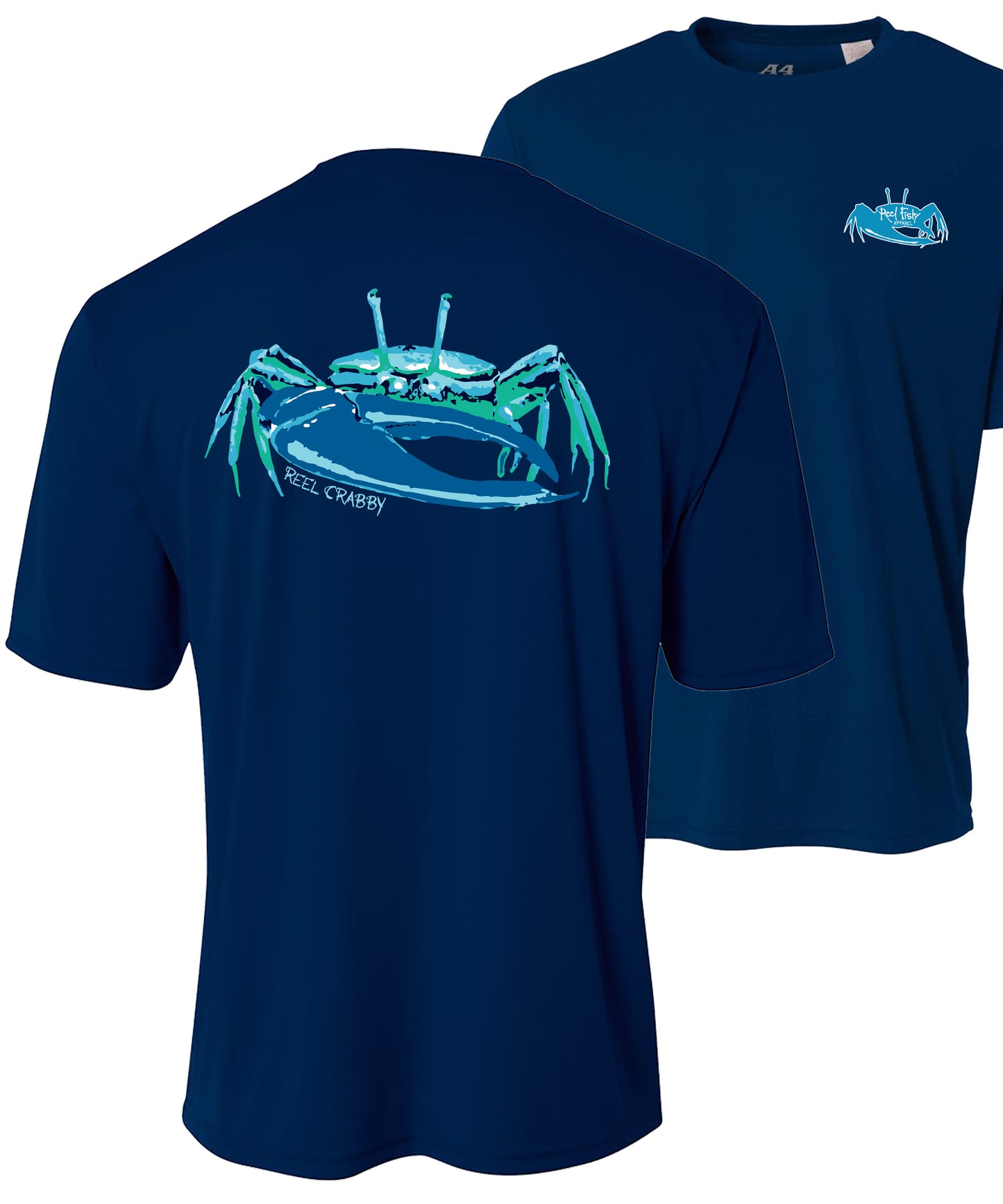Youth navy performance 50+UV sun protection short sleeve shirt with fiddler crab design on back, Reel Fishy fiddler crab logo on front.