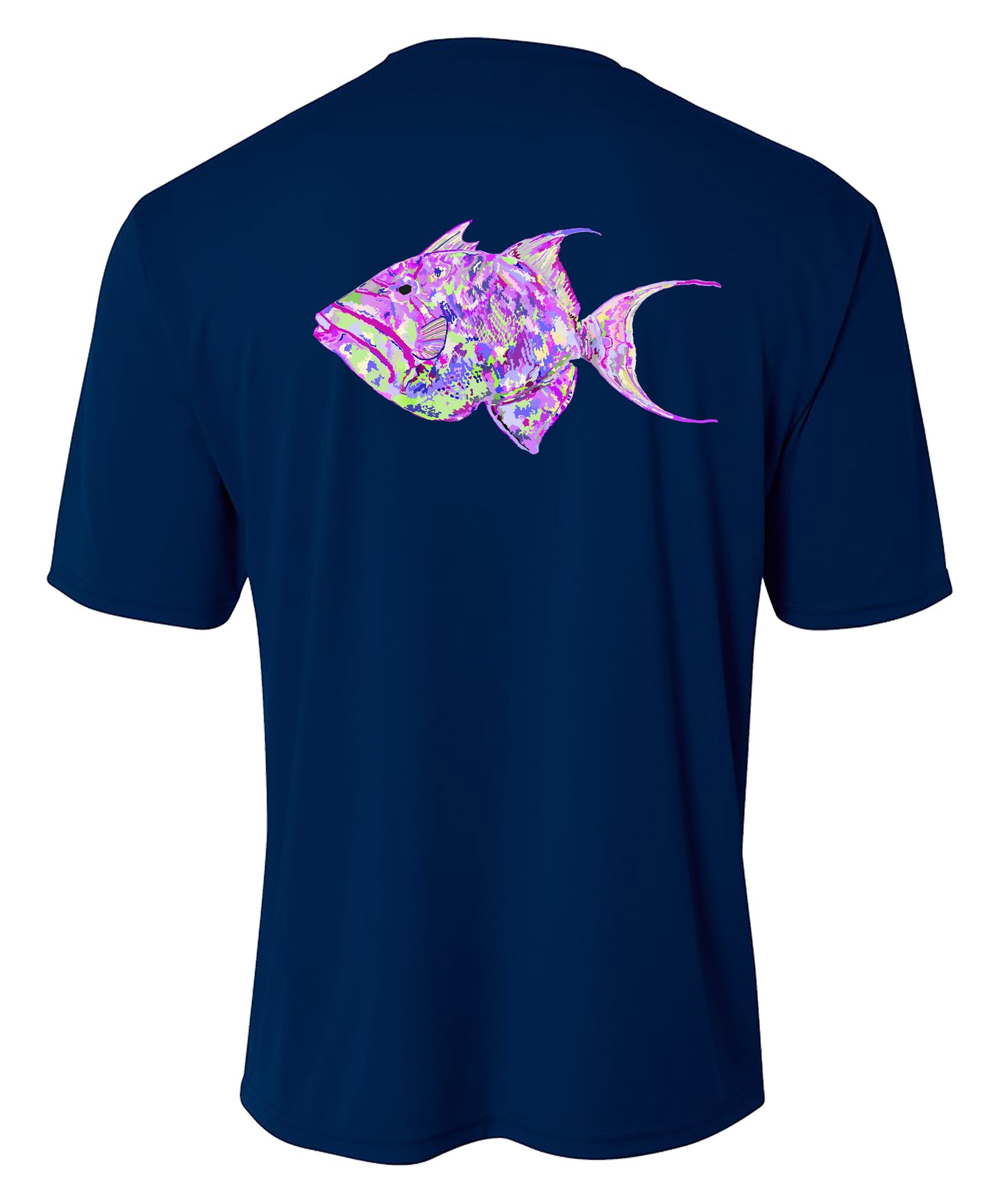Youth navy performance 50+UV sun protection short sleeve shirt with triggerfish design on back, Reel Fishy triggerfish on front.