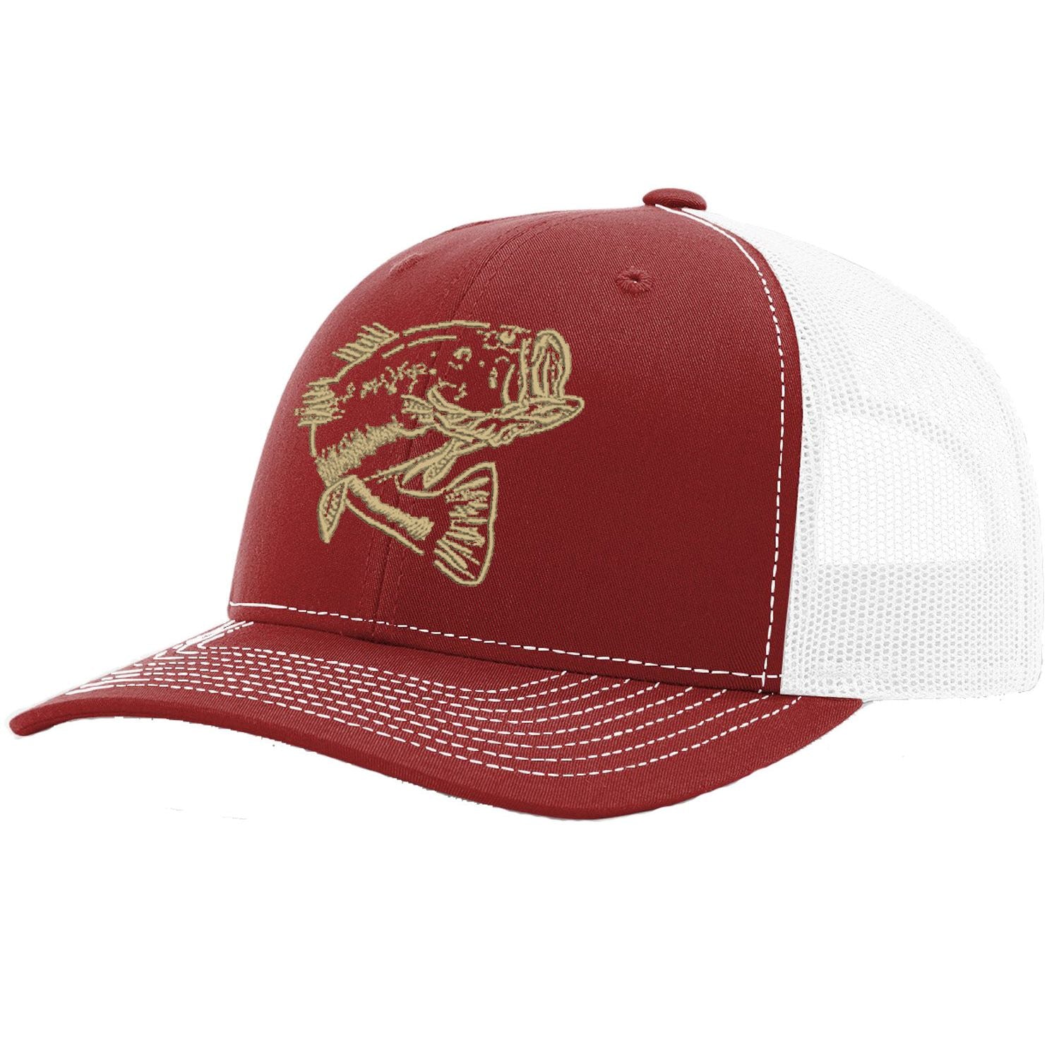 Bass Cardinal with White Mesh Trucker Hat on Richardson 112 by Reel Fishy Apparel