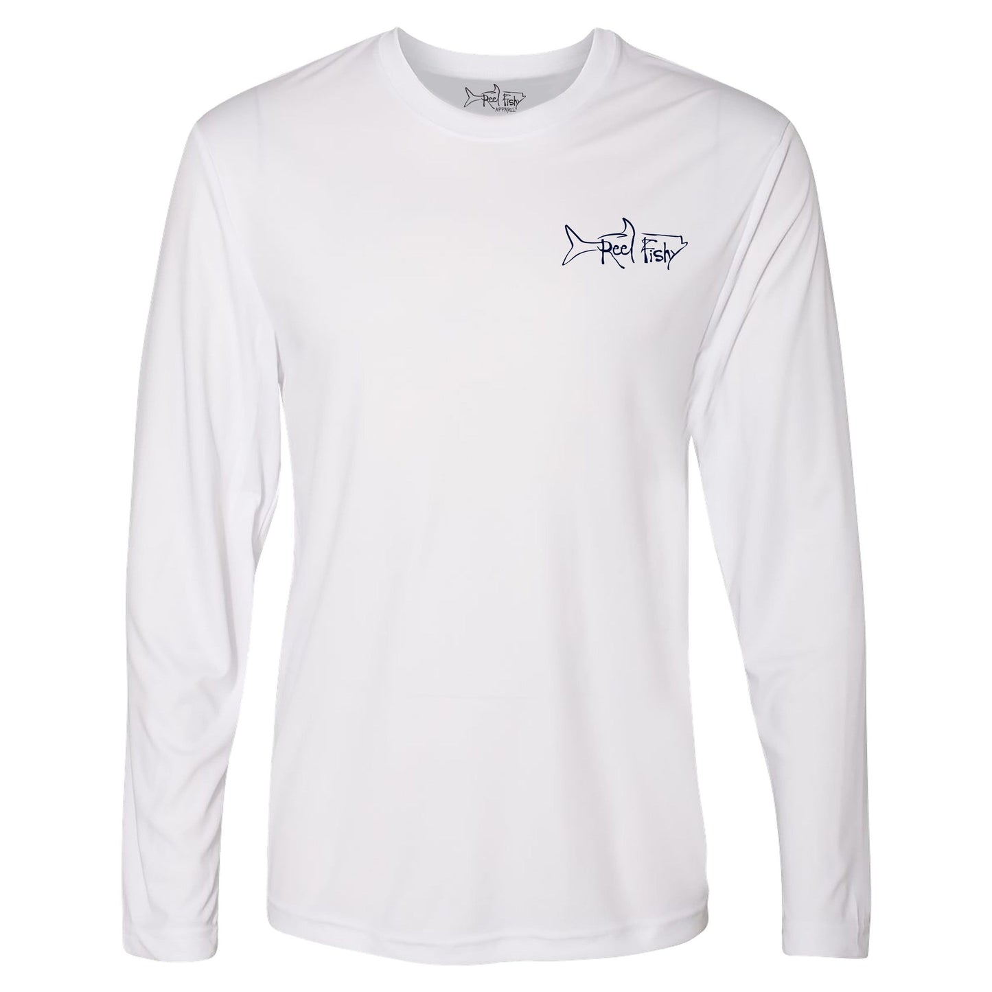 Front of White long sleeve Reel Crabby performance shirt featuring blue crab design with 50+ UPF sun protection