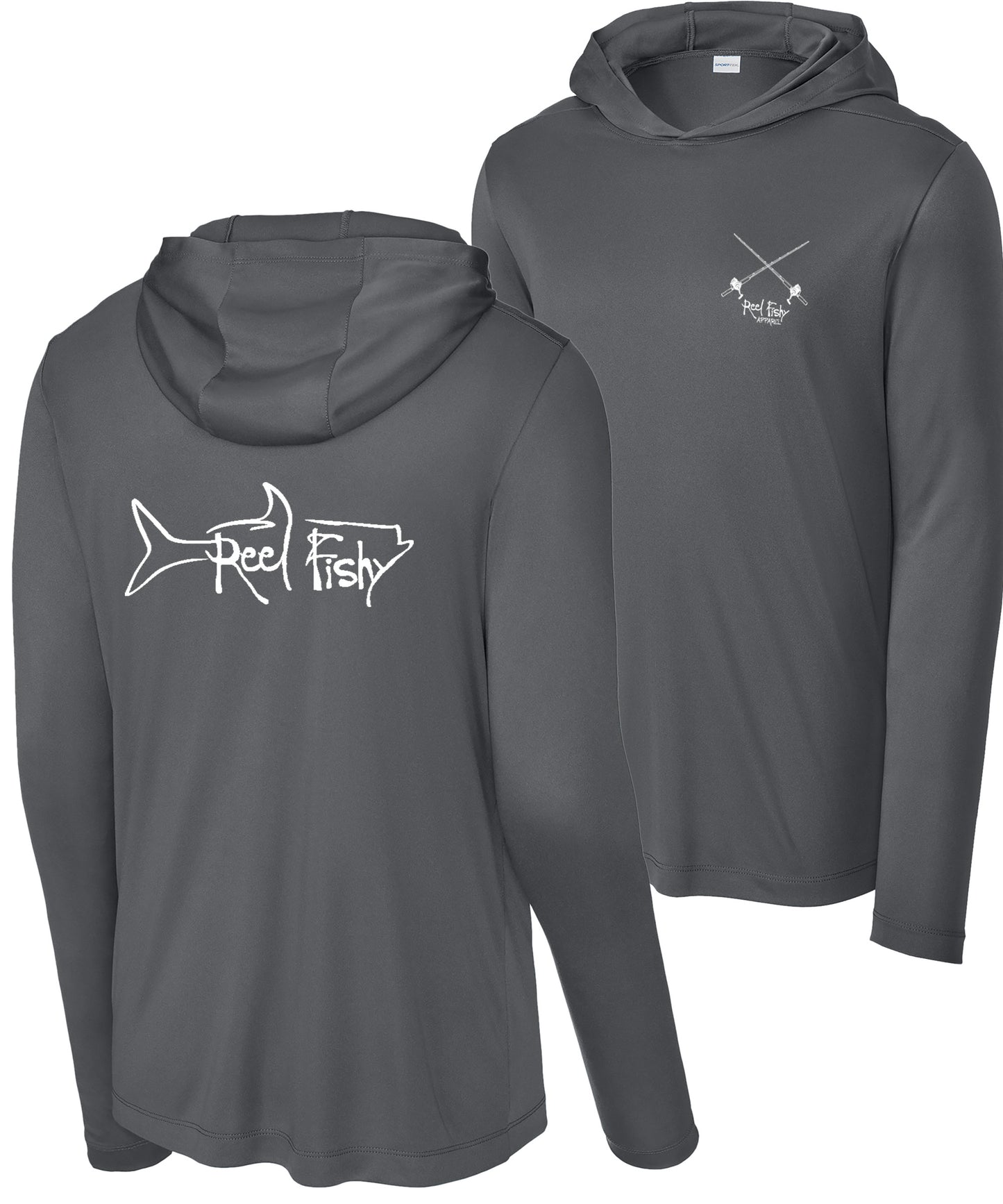Dark Gray Reel Fishy Tarpon performance hoodie fishing shirt with long sleeves and 50+ UPF sun protection