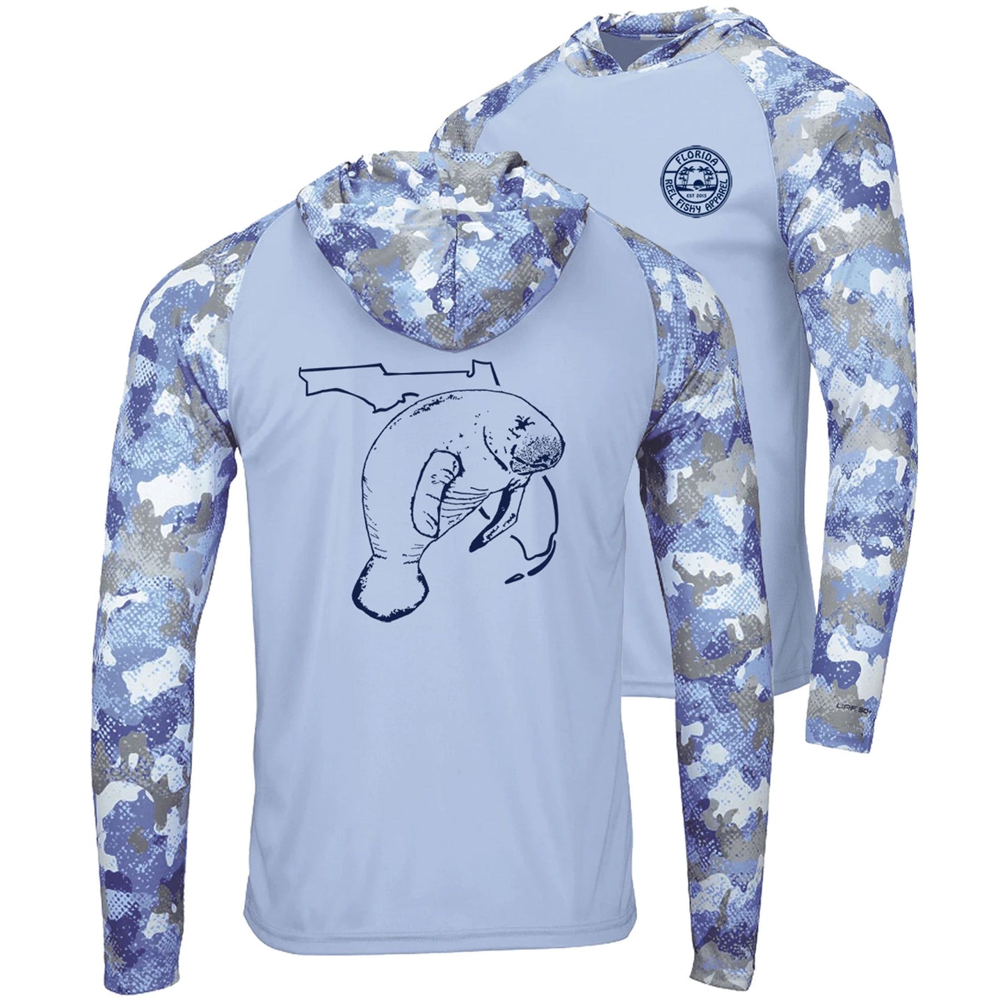 Light blue Florida Manatee dri-fit 50+ sun protection long sleeve hoodie - camo sleeves