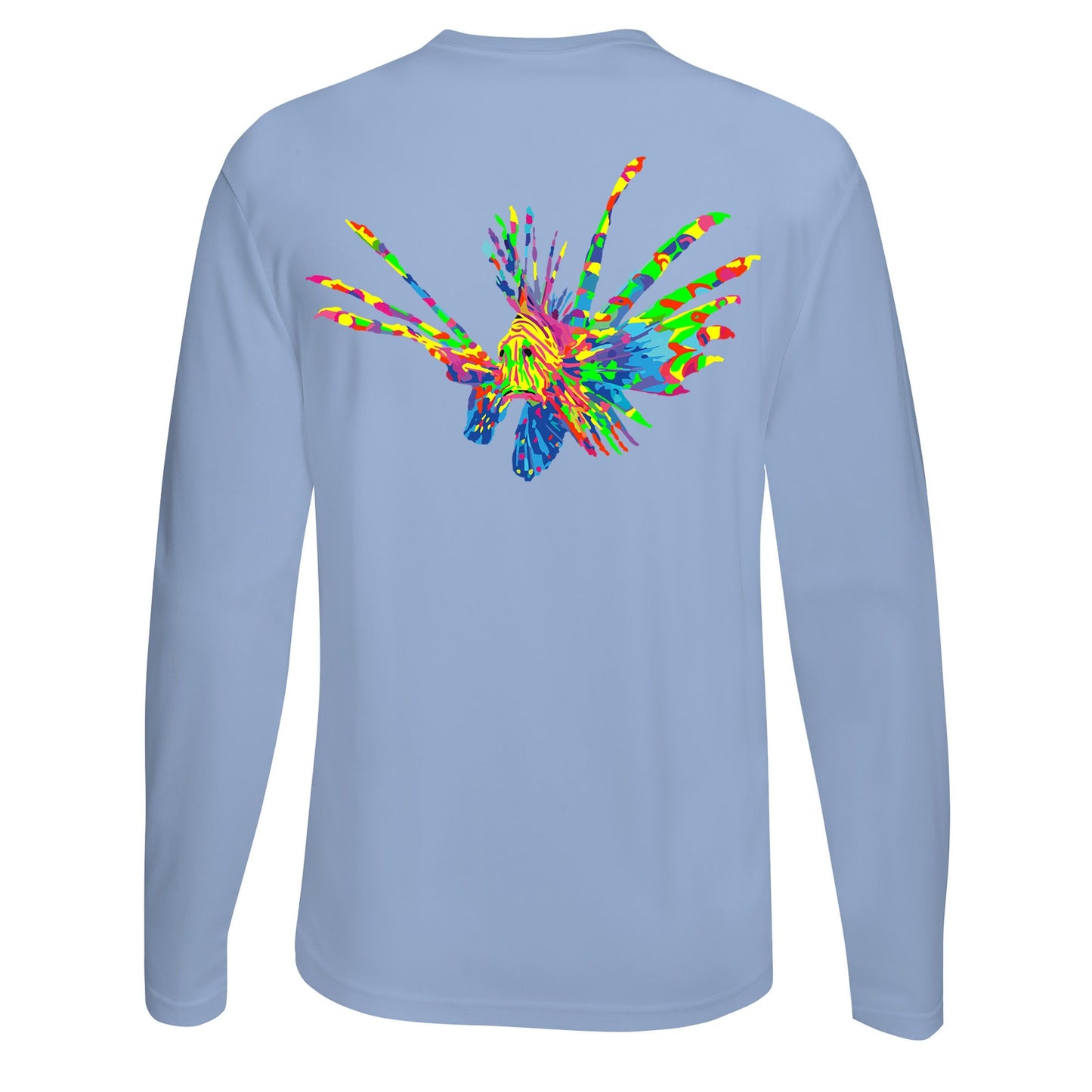 Full color lionfish logo on light blue long sleeve dry-fit performance shirt