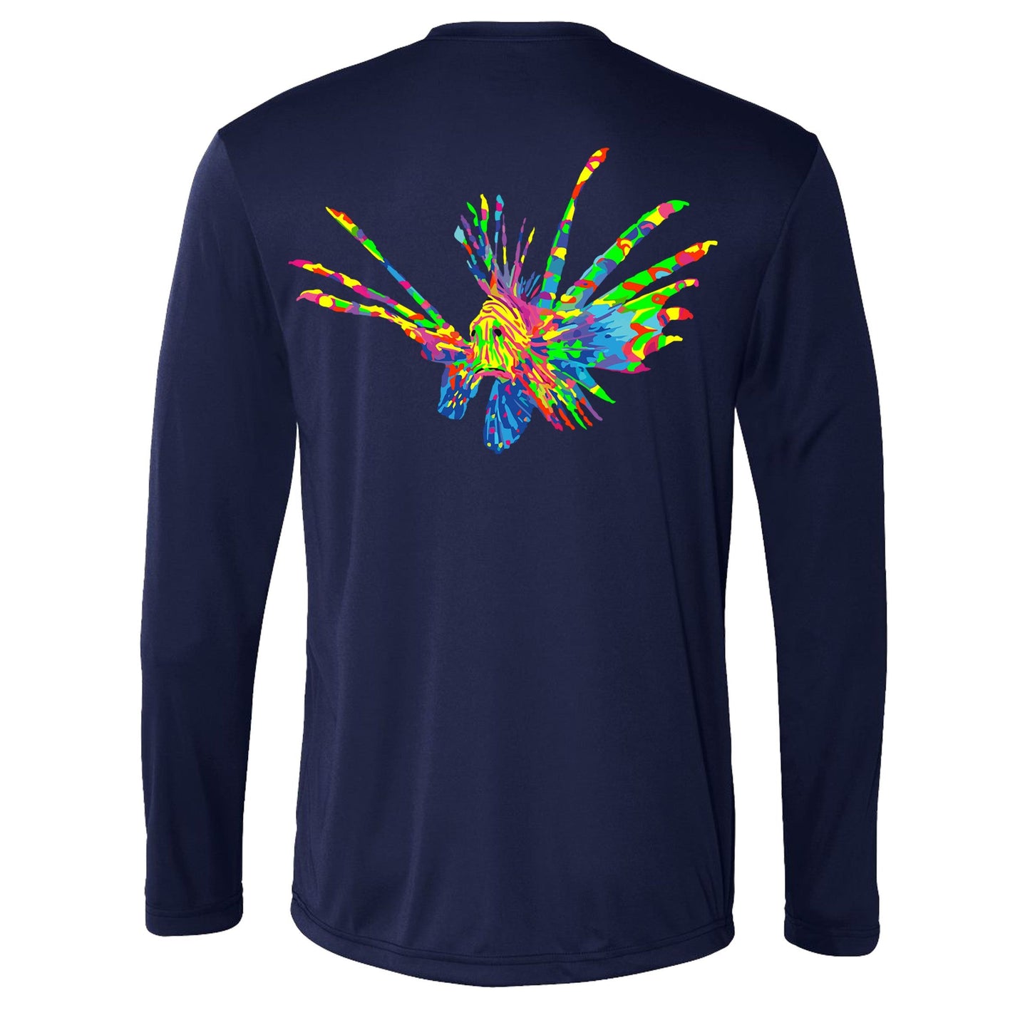Full color lionfish logo on navy long sleeve dry-fit performance shirt