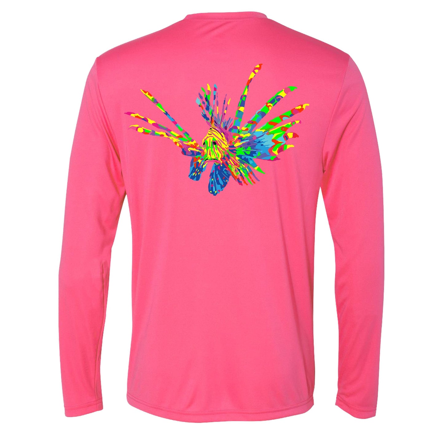 Full color lionfish logo on pink long sleeve dry-fit performance shirt