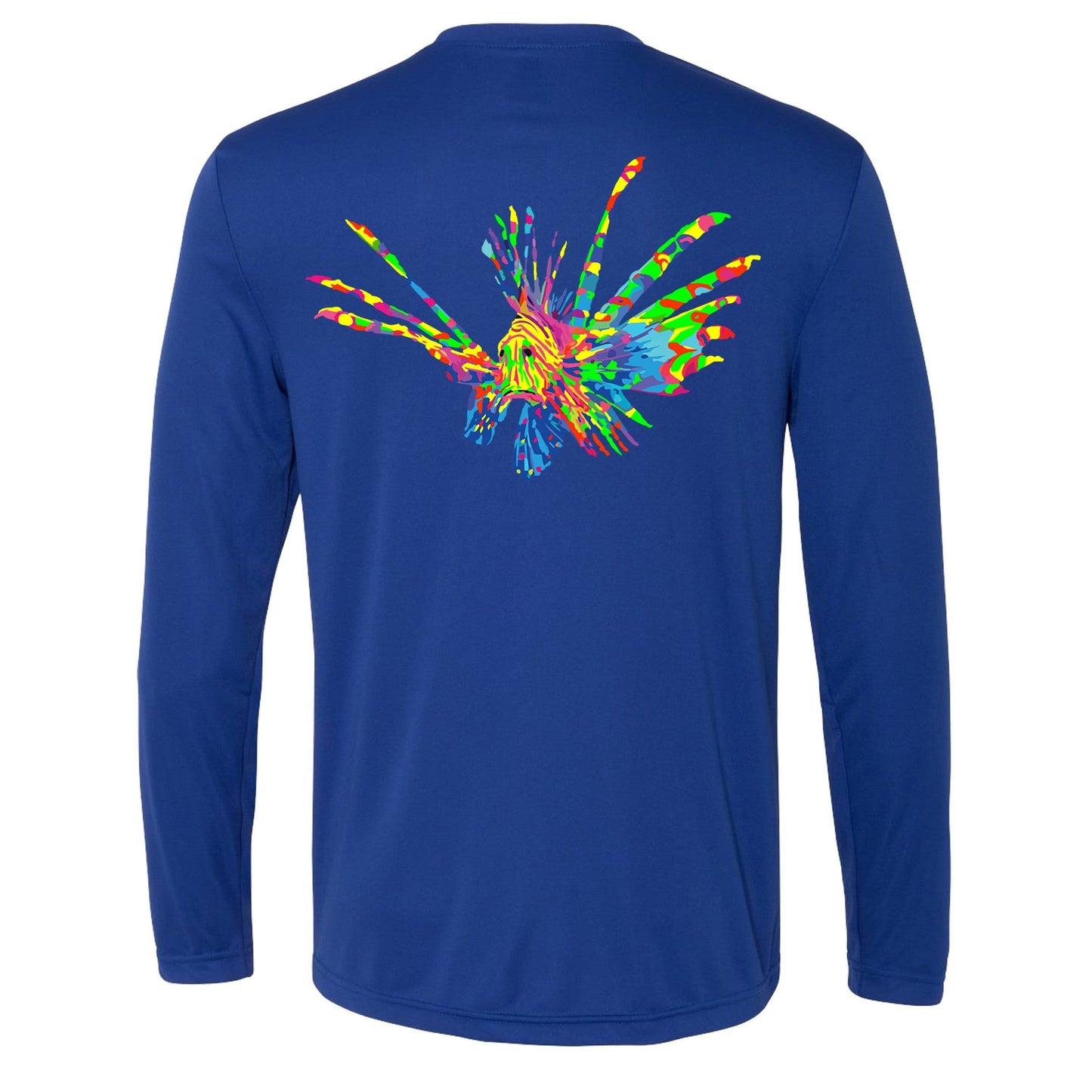 Full color lionfish logo on royal blue long sleeve dry-fit performance shirt