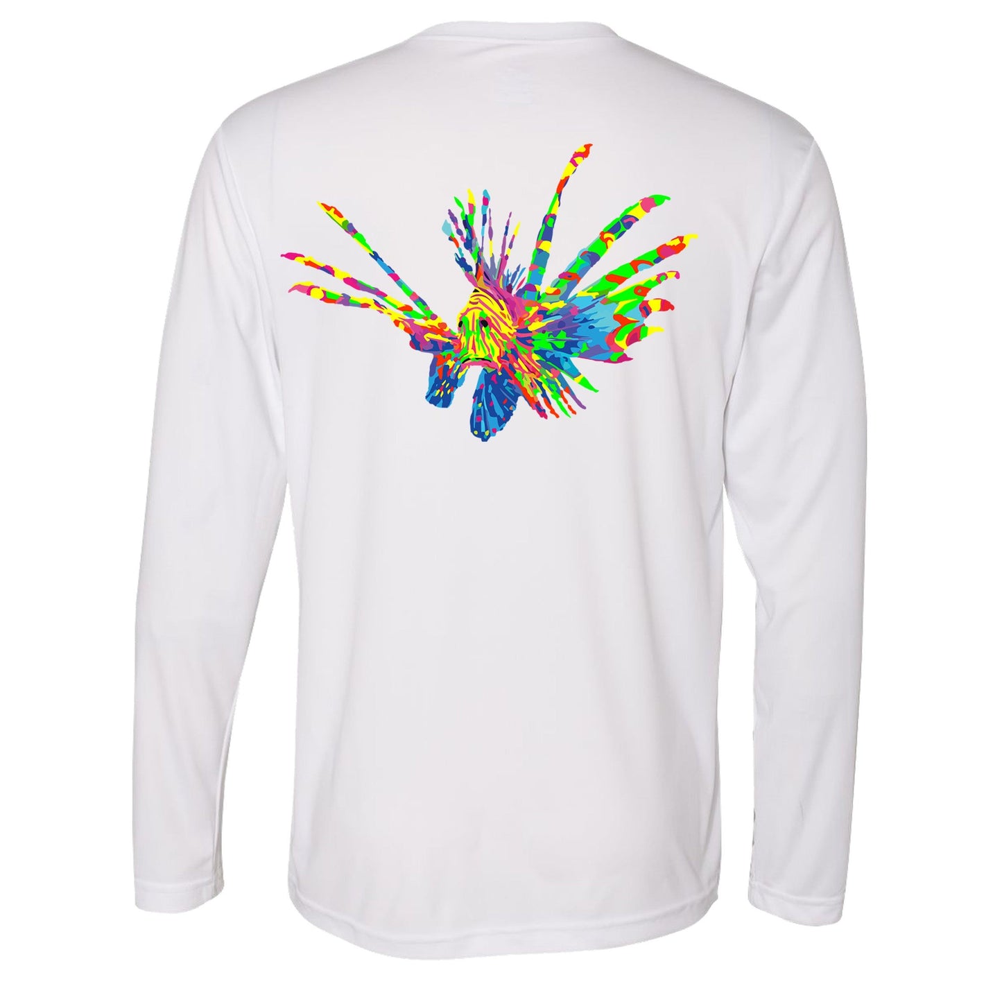 Full color lionfish logo on white long sleeve dry-fit performance shirt