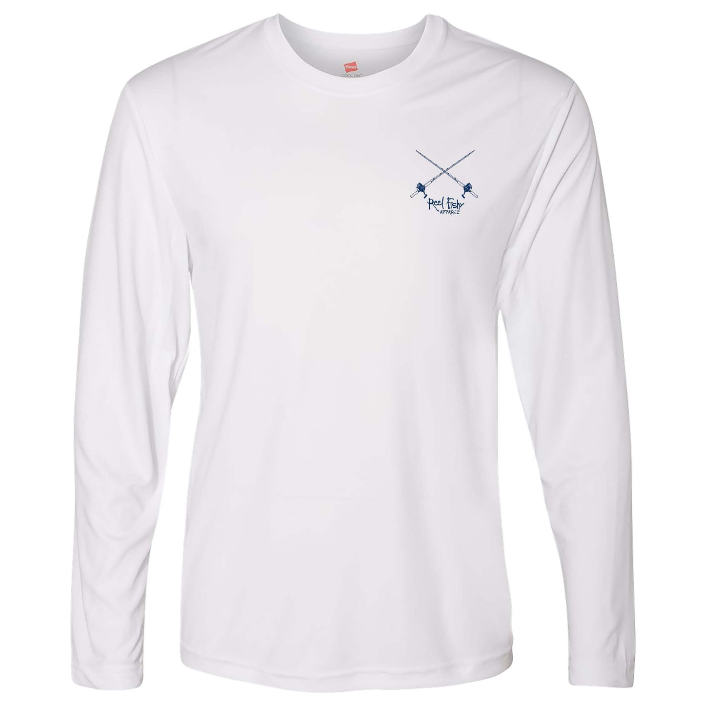 Mahi Fishing Performance Dry-Fit Long Sleeve White Shirt - Reel Fishy Salt Rods on front