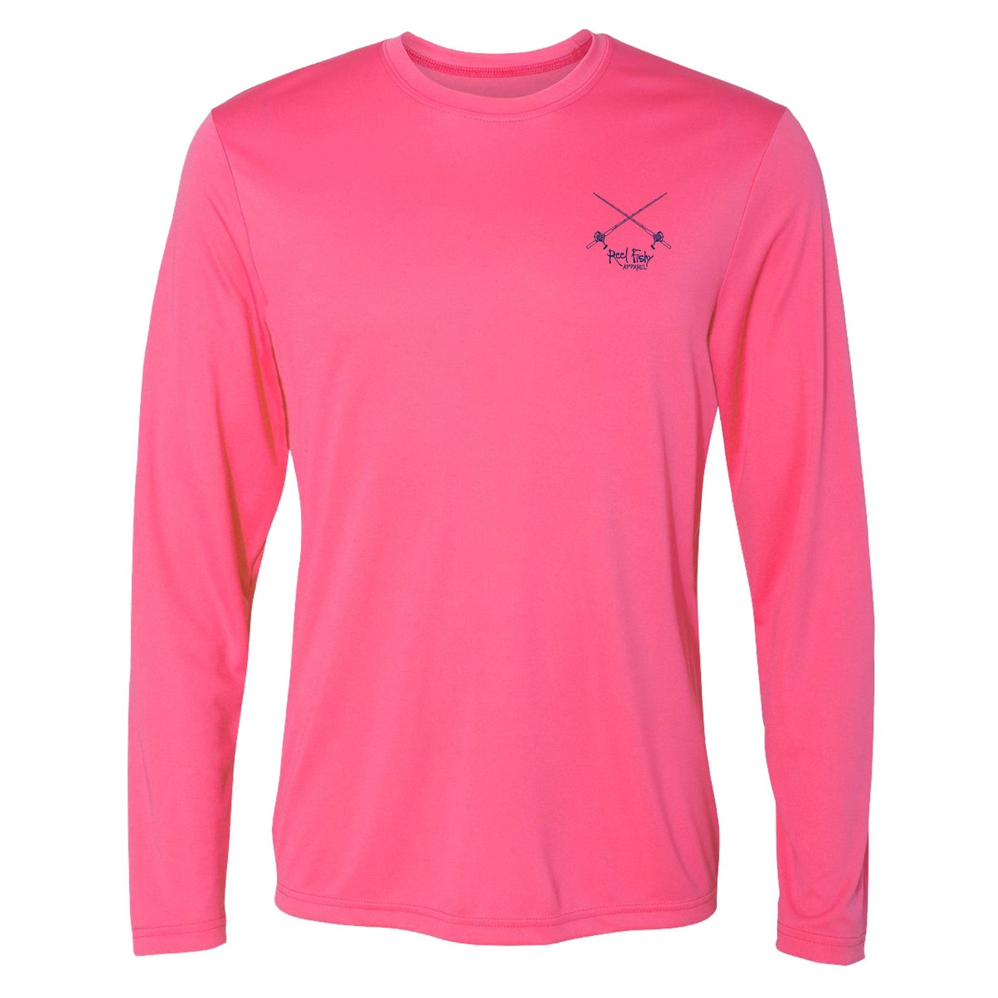 Front Unisex Pink Performance Fishing Long Sleeve Shirt with salt fishing rods on front and Reel Fishy tarpon long on back -50+ UPF
