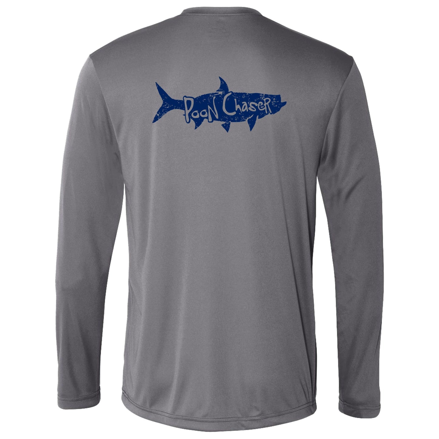 Men’s gray long sleeve performance fishing shirt with Tarpon “Poon Chaser” design and 50+ UPF sun protection