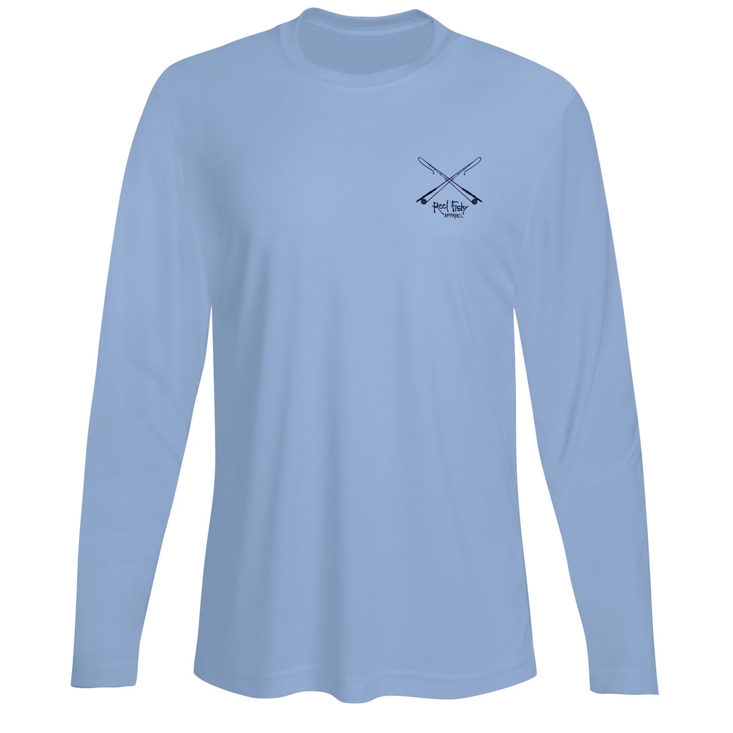Men’s light blue long sleeve performance fishing shirt with Tarpon “Poon Chaser” design on back, Reel Fishy fly fishing rods logo on front, and 50+ UPF sun protection.