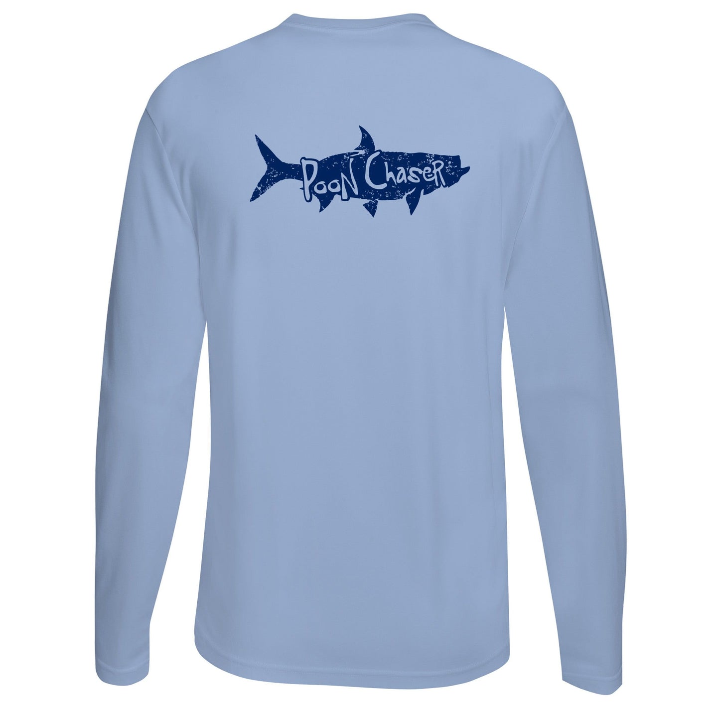 Men’s light blue long sleeve performance fishing shirt with Tarpon “Poon Chaser” design and 50+ UPF sun protection
