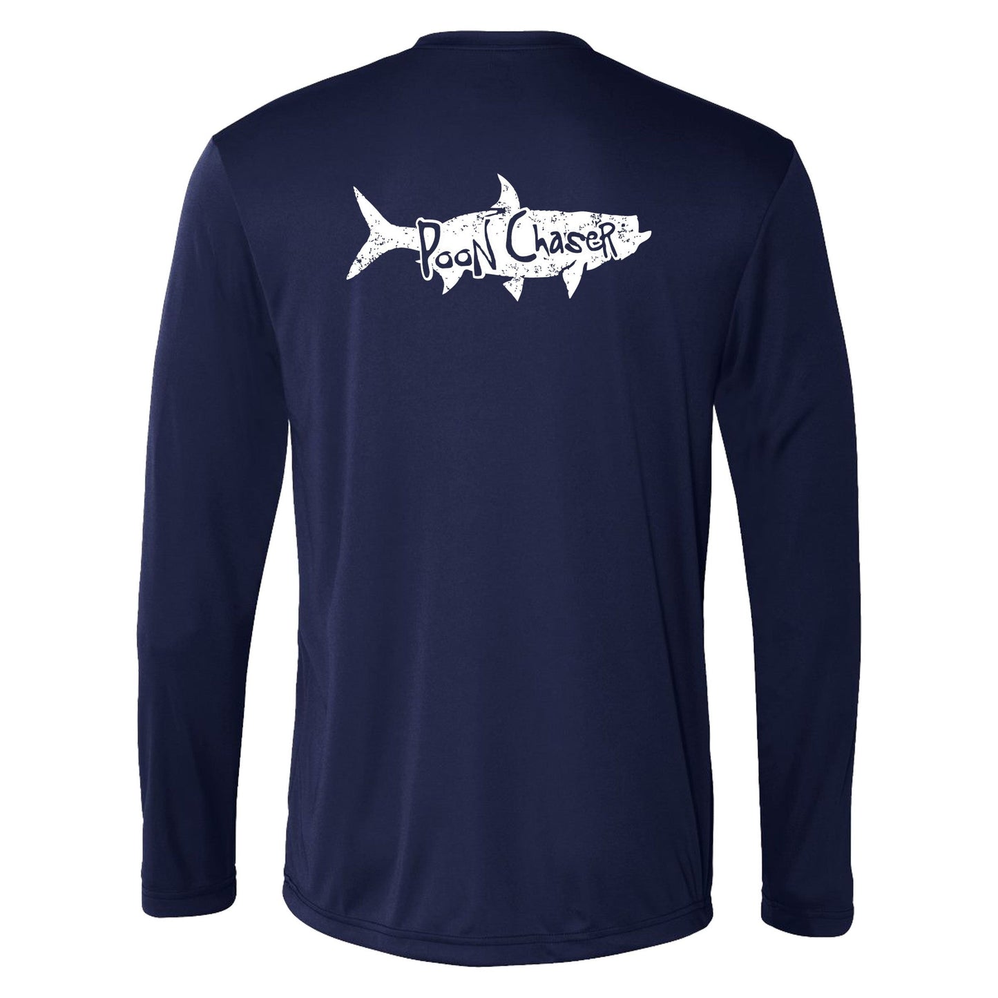 Men’s navy long sleeve performance fishing shirt with Tarpon “Poon Chaser” design and 50+ UPF sun protection