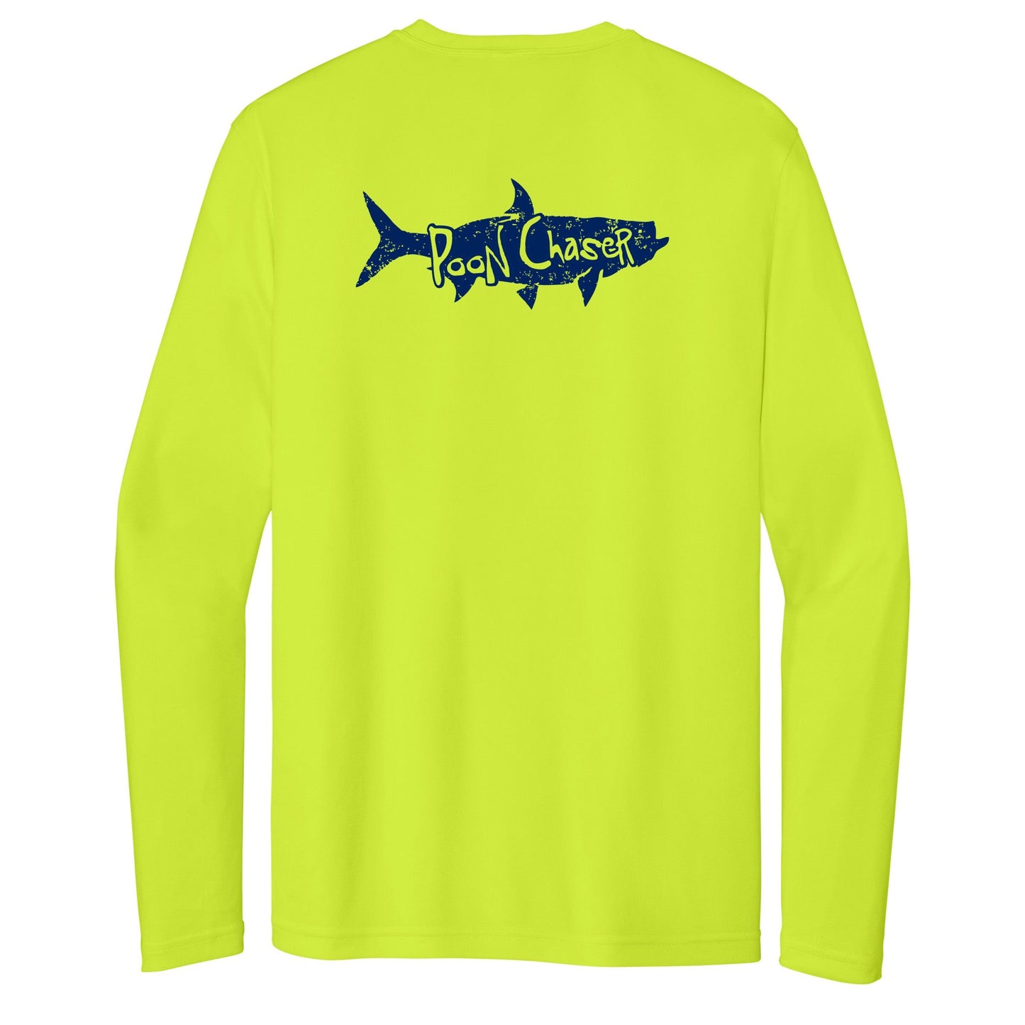 Men’s neon yellow long sleeve performance fishing shirt with Tarpon “Poon Chaser” design and 50+ UPF sun protection