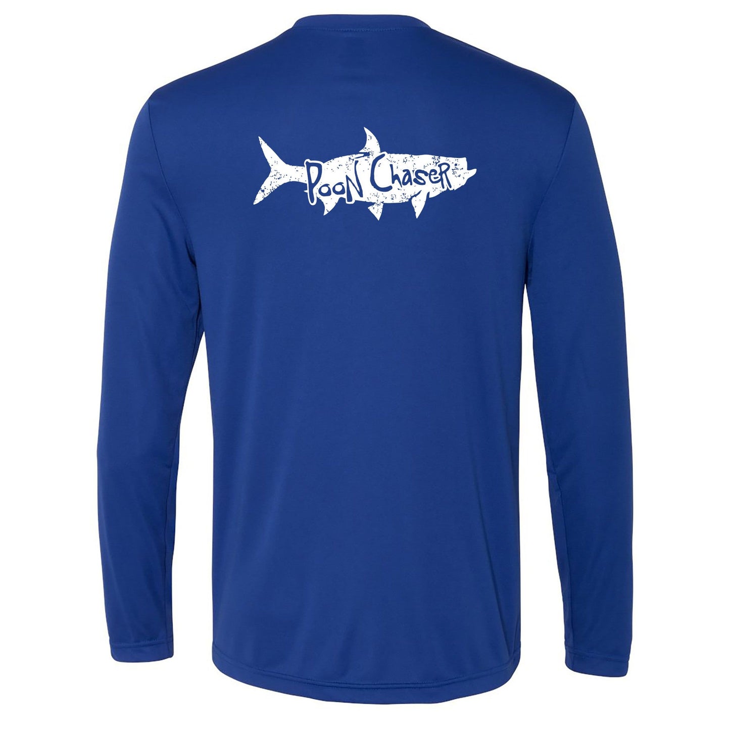 Men’s royal blue long sleeve performance fishing shirt with Tarpon “Poon Chaser” design and 50+ UPF sun protection