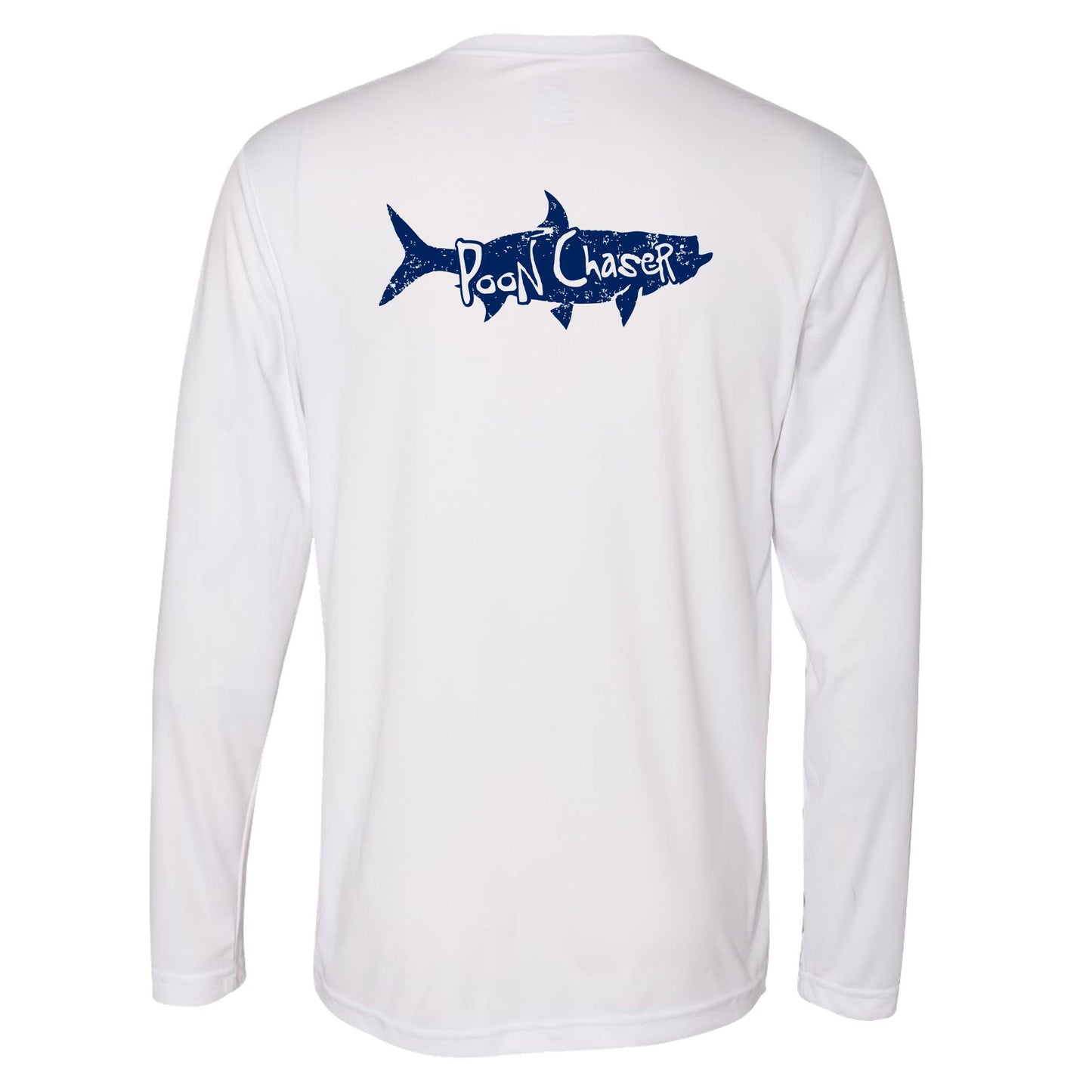 Men’s white long sleeve performance fishing shirt with Tarpon “Poon Chaser” design and 50+ UPF sun protection