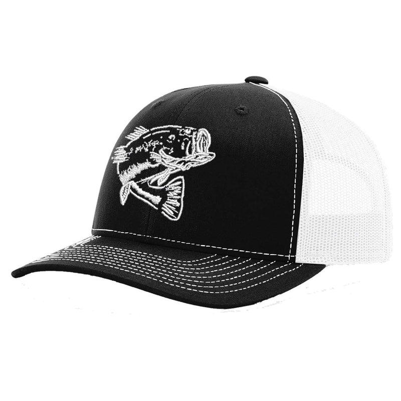 Bass Black with White Mesh Trucker Hat on Richardson 112 by Reel Fishy Apparel
