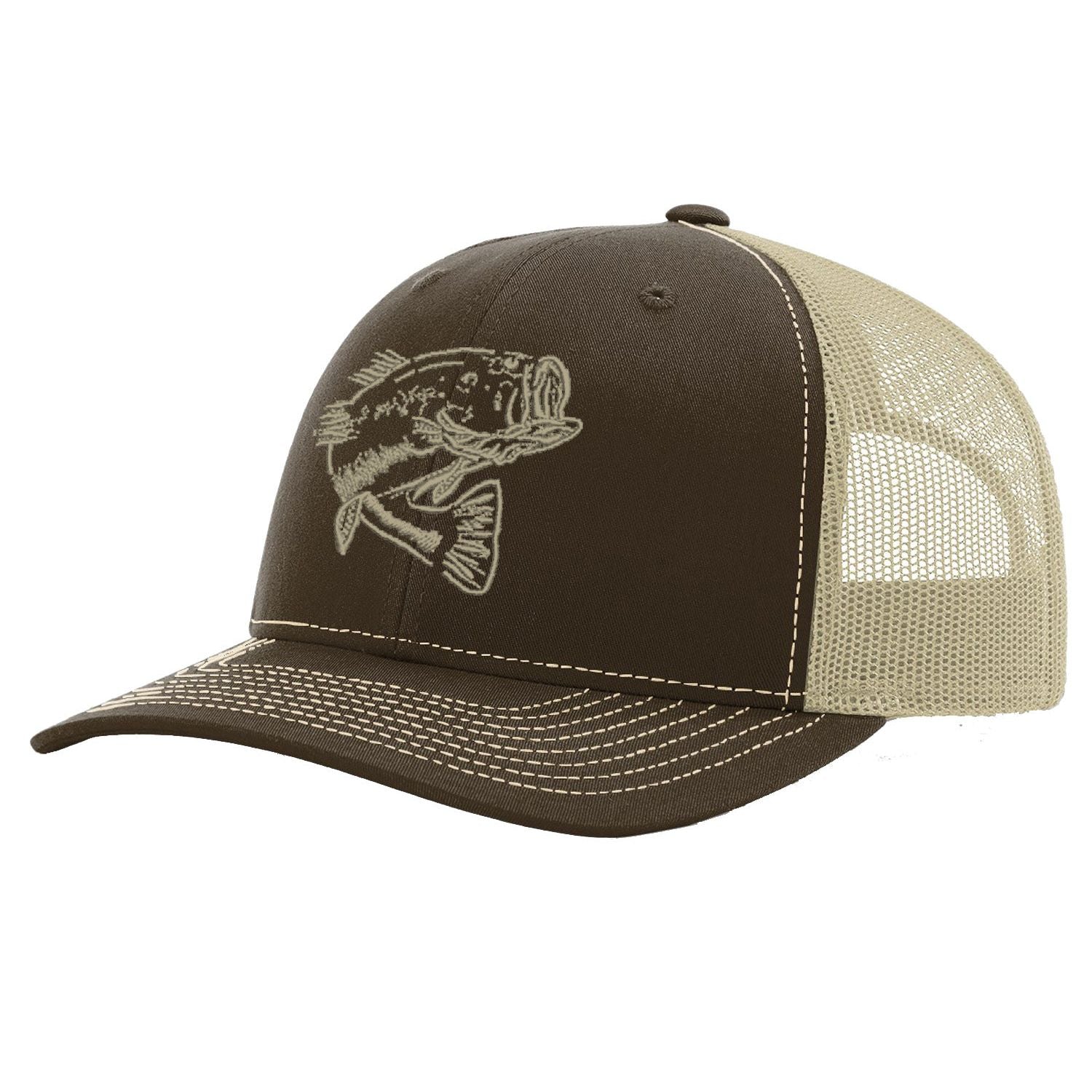 Bass Brown with Khaki Mesh Trucker Hat on Richardson 112 by Reel Fishy Apparel