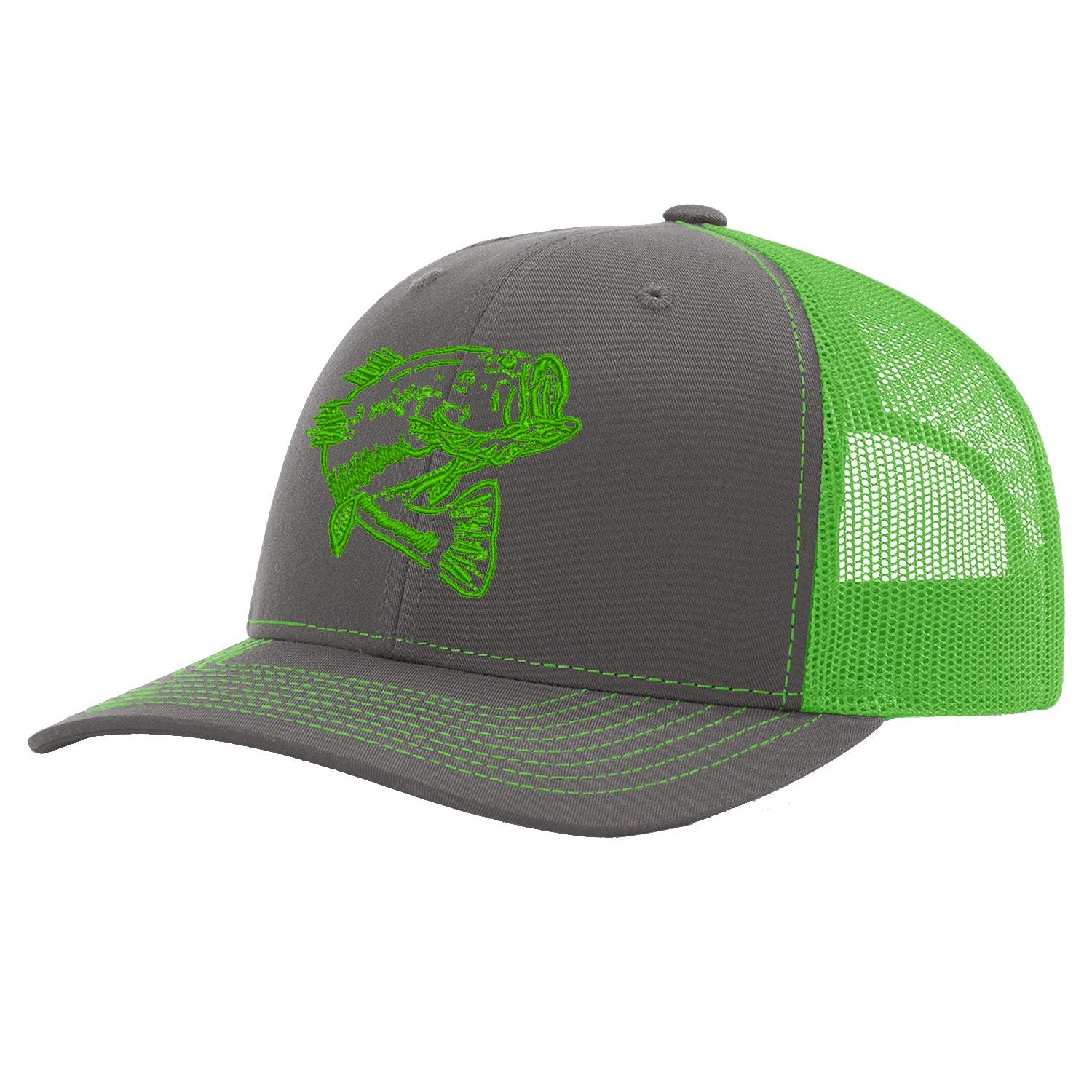 Bass Charcoal with Neon Green Mesh Trucker Hat on Richardson 112 by Reel Fishy Apparel