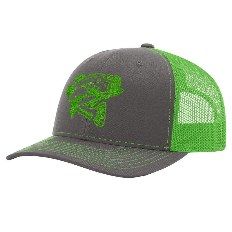 Bass Charcoal with Neon Green Mesh Trucker Hat on Richardson 112 by Reel Fishy Apparel