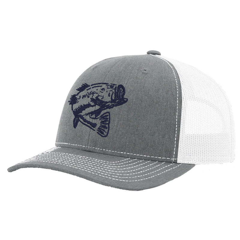 Bass Heather Gray with White Mesh Trucker Hat on Richardson 112 by Reel Fishy Apparel