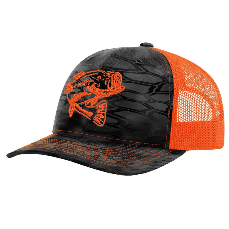 Bass Kryptek Neon Orange Trucker Hat on Richardson base by Reel Fishy Apparel