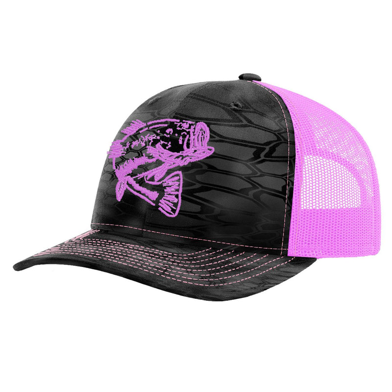 Reel Fishy Bass Kryptek Neon Pink Trucker Hat on Richardson base.